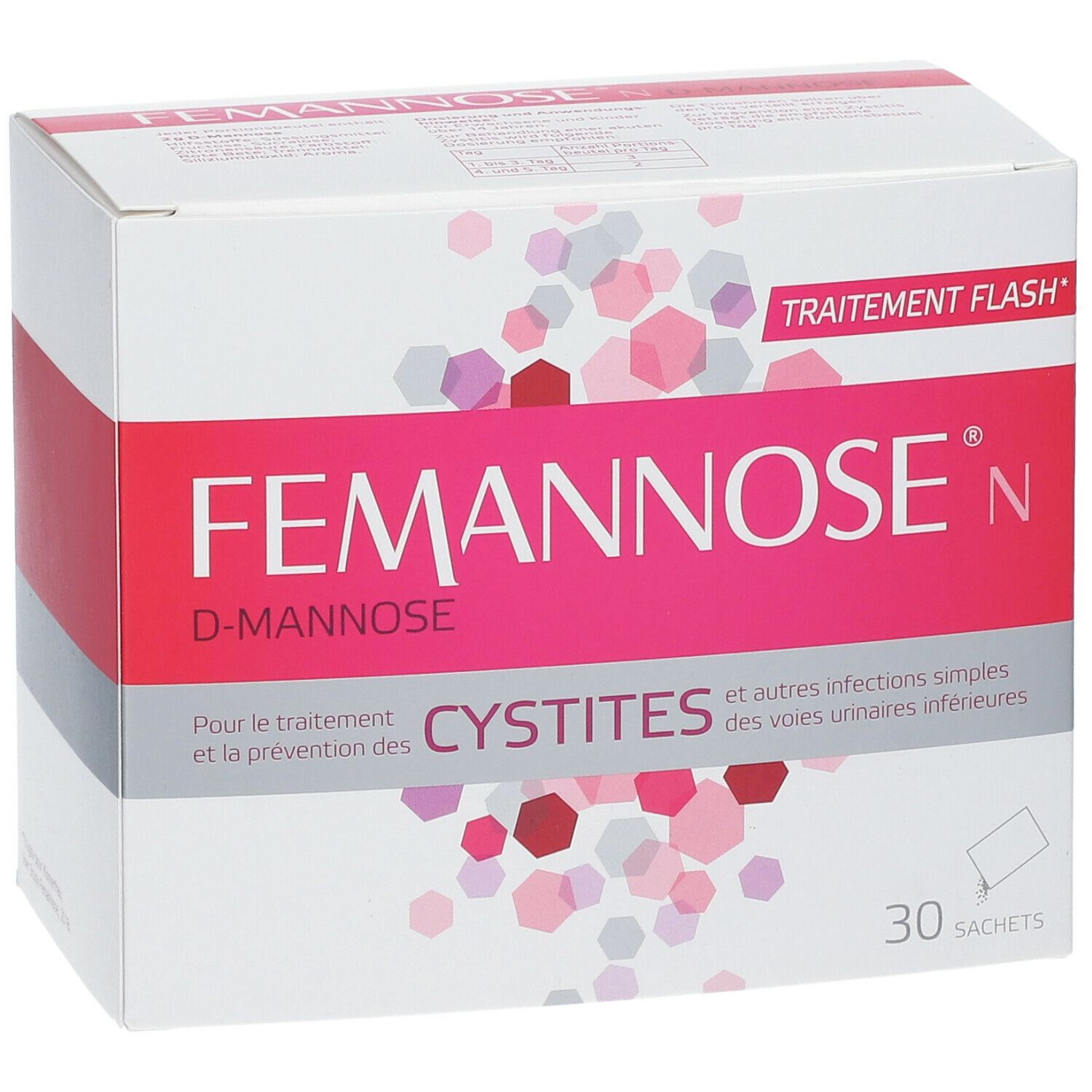 Boîte avec nom du produit et inscription. Contient 30 sachets. Emballage rose et blanc.