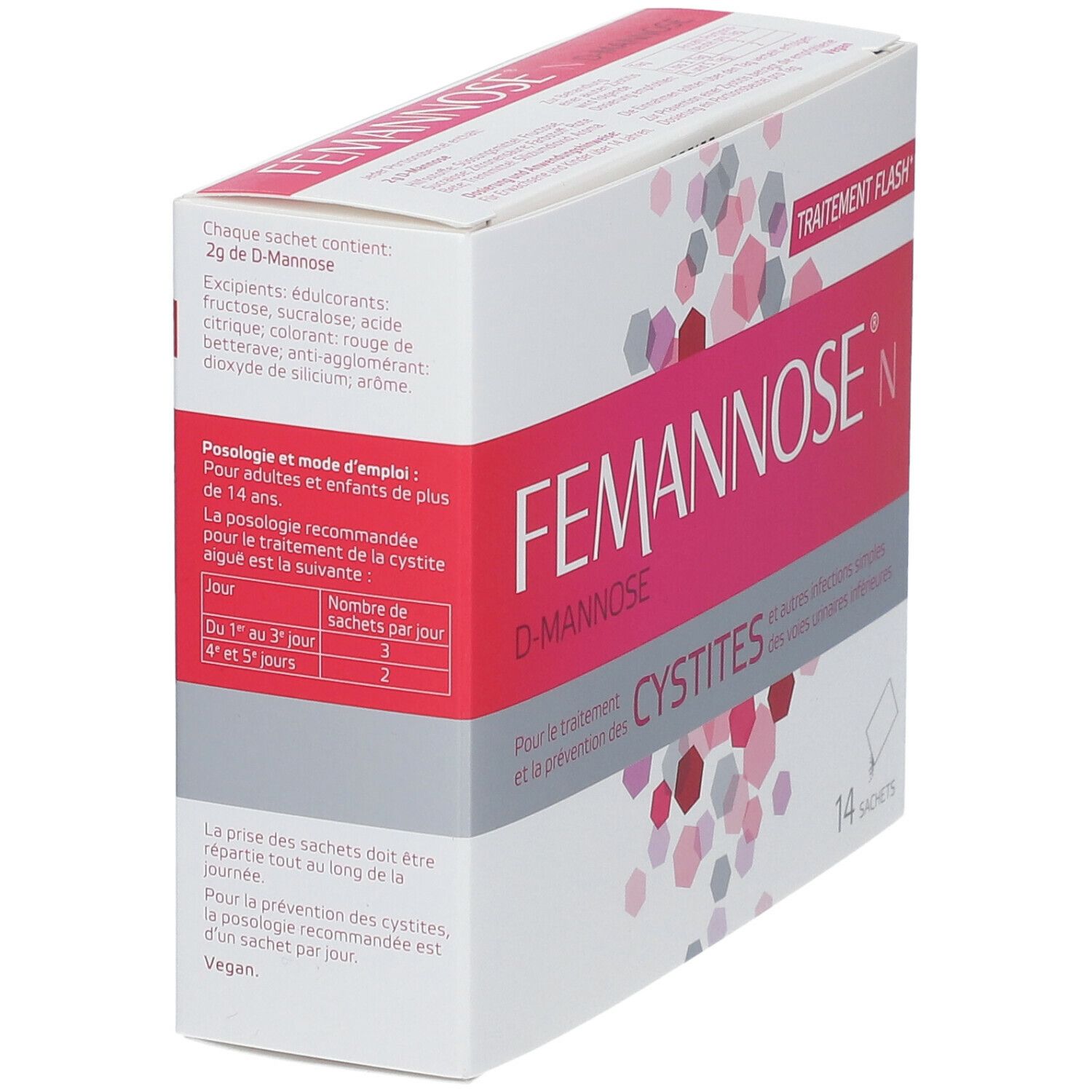 Boîte "Femannose N" en biais. Emballage rose et blanc avec nom du produit et informations. 14 sachets.