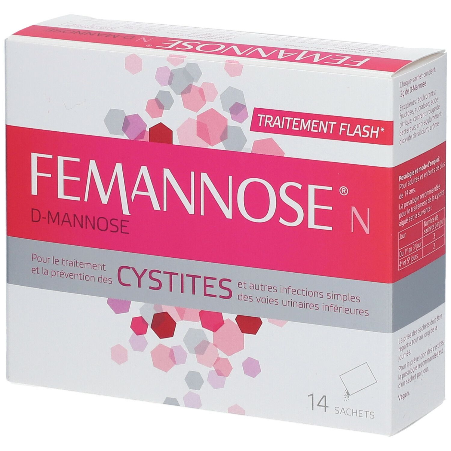 Boîte "Femannose N". Emballage rose et blanc avec nom du produit et informations. 14 sachets. Détail des ingrédients.