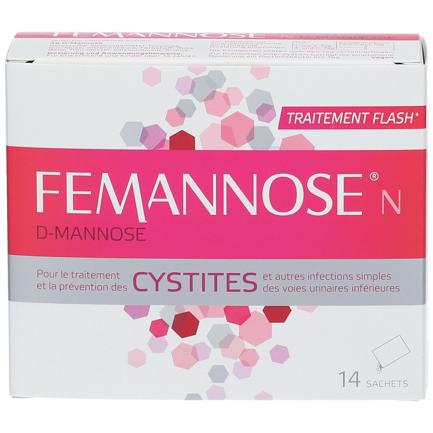 Boîte "Femannose N". Emballage rose et blanc avec nom du produit et informations. 14 sachets.