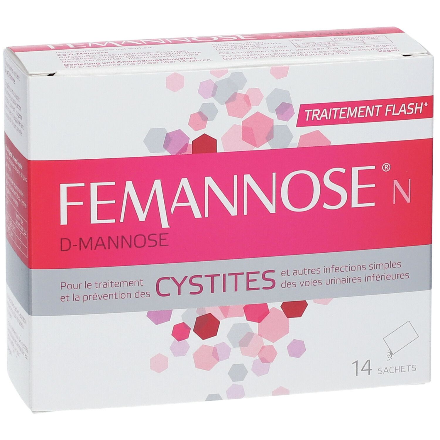 Boîte "Femannose N". Emballage rose et blanc avec nom du produit et informations. 14 sachets.