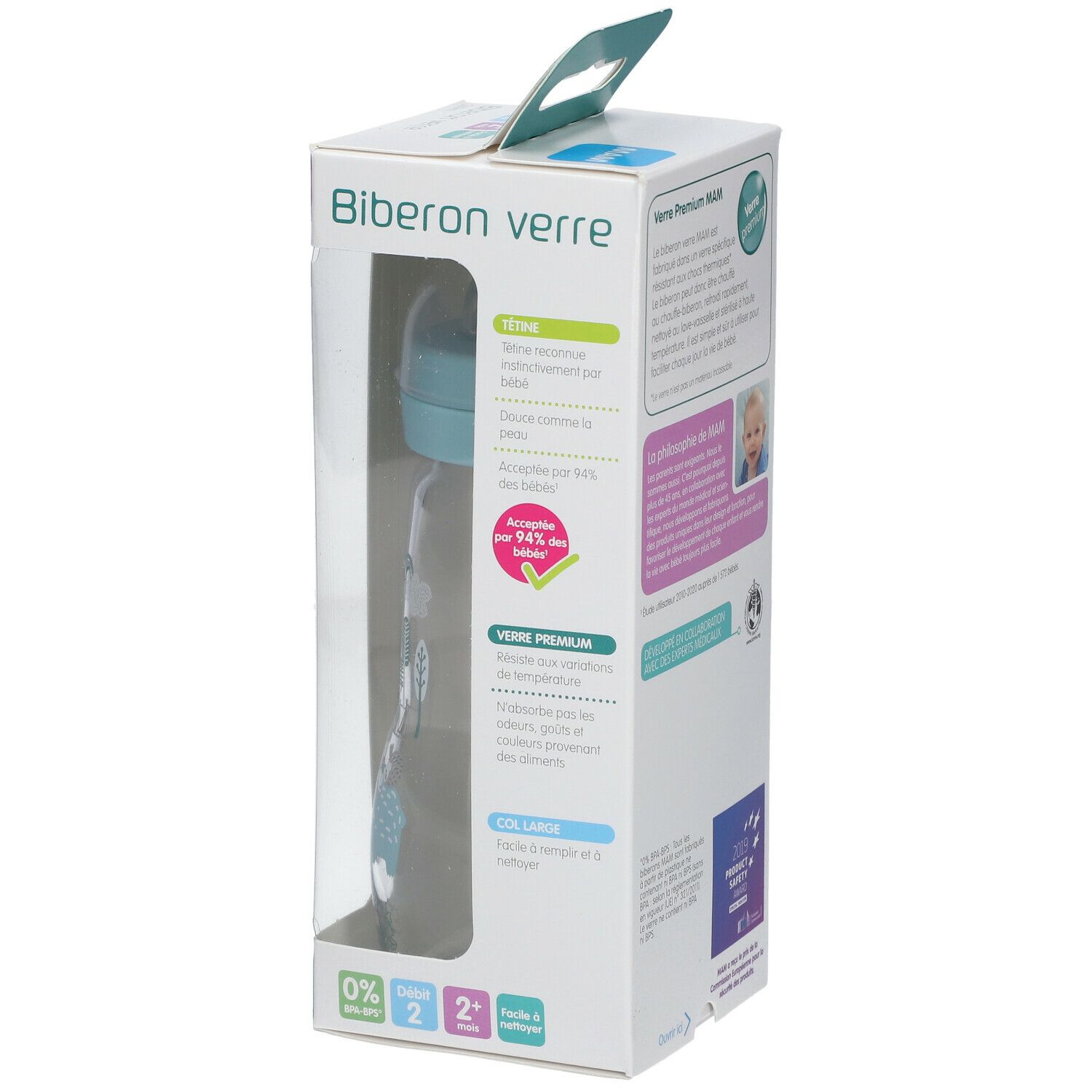 Biberon MAM en verre bleu de 260 ml dans son emballage. Biberon avec bouchon bleu, corps transparent et graduation. Informations sur l'emballage.