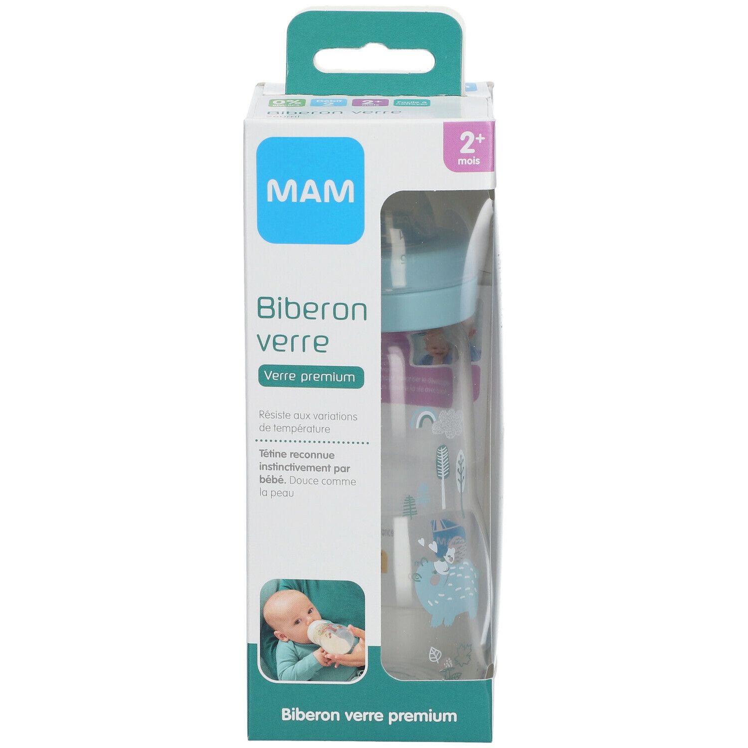 Biberon MAM en verre bleu de 260 ml dans son emballage. Biberon avec bouchon bleu, corps transparent et graduation. Informations sur l'emballage.