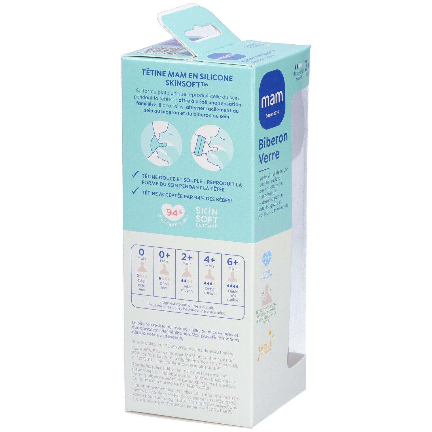 Vue latérale de l'emballage. Texte: Tétine MAM en silicone SkinSoft. Graphiques de la tétine. Recommandations d'âge.