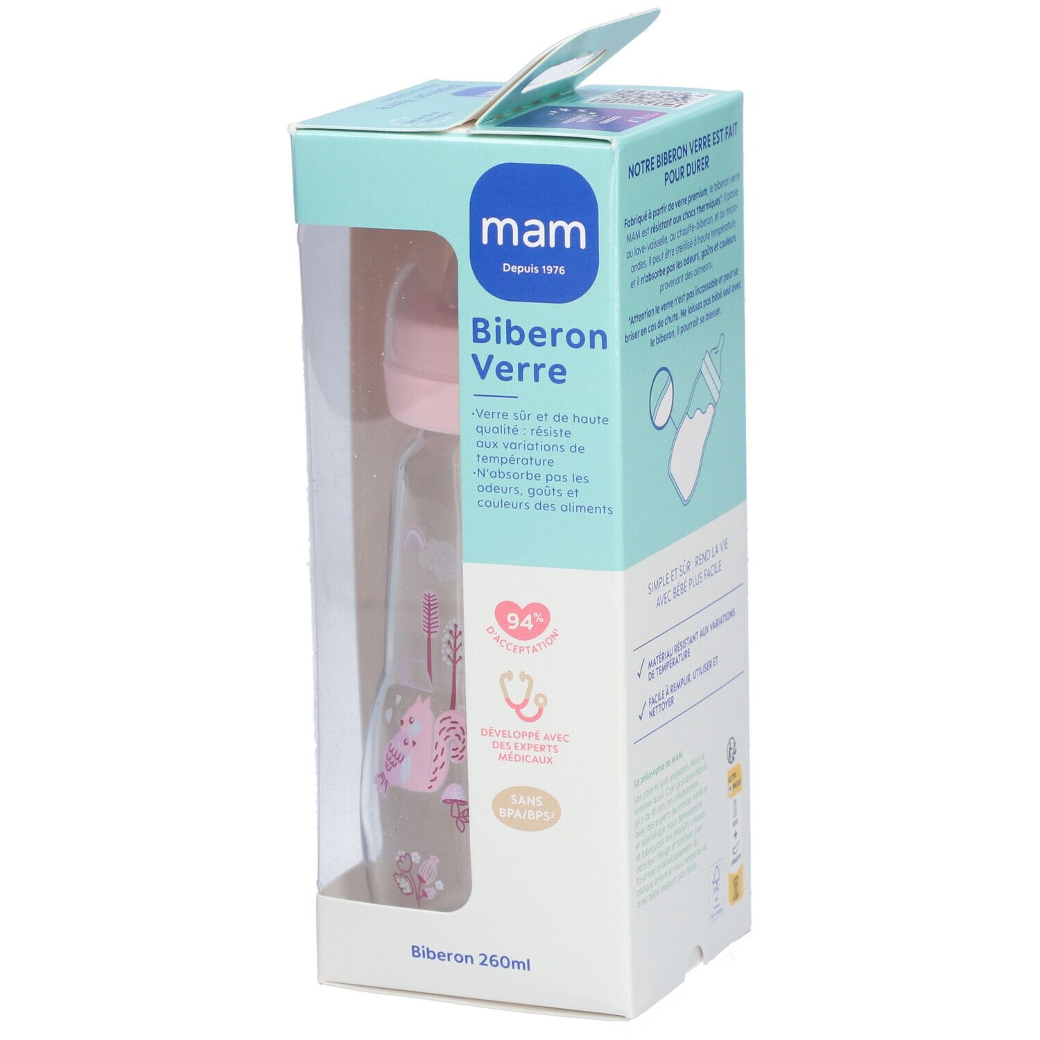Biberon dans l'emballage. Tétine rose, corps transparent. Marque MAM, texte Biberon Verre. 260ml.