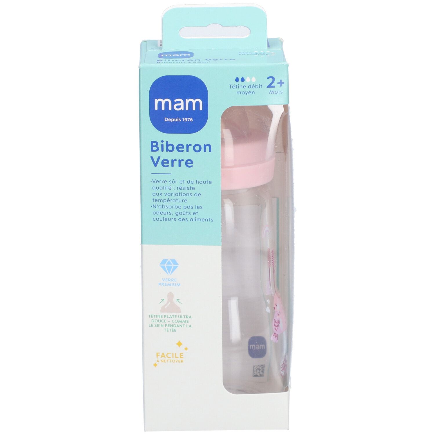 Biberon dans l'emballage. Tétine rose, corps transparent. Marque MAM, texte Biberon Verre. Pour 2 mois et plus.