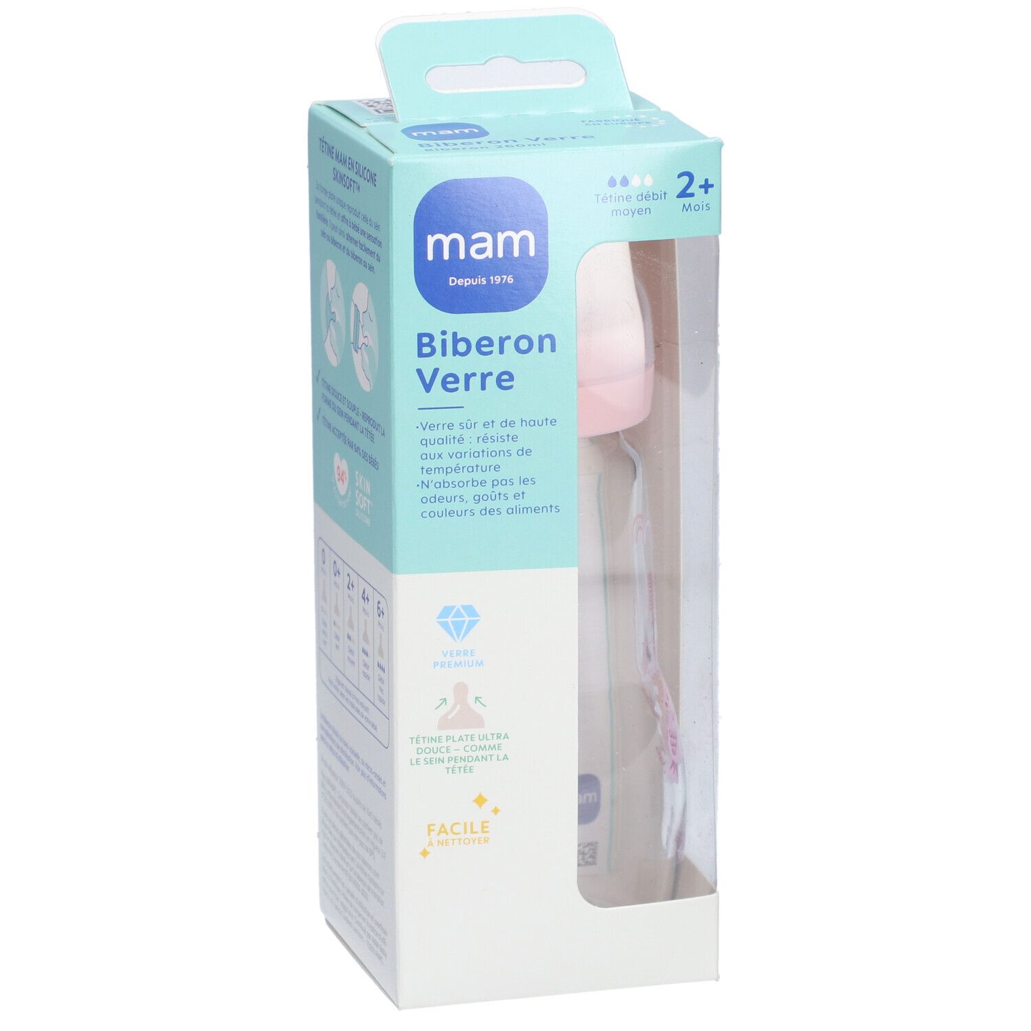 Biberon dans l'emballage. Tétine rose, corps transparent. Marque MAM, texte Biberon Verre. Pour 2 mois et plus.