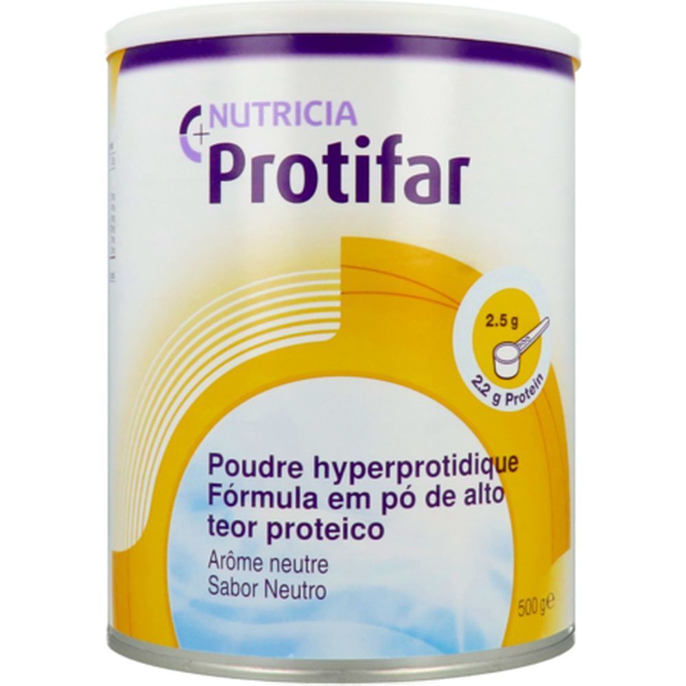 Boîte blanche et jaune "Nutricia Protifar". Inscription: Poudre hyperprotéidique, 500g. Contient 22g de protéines.