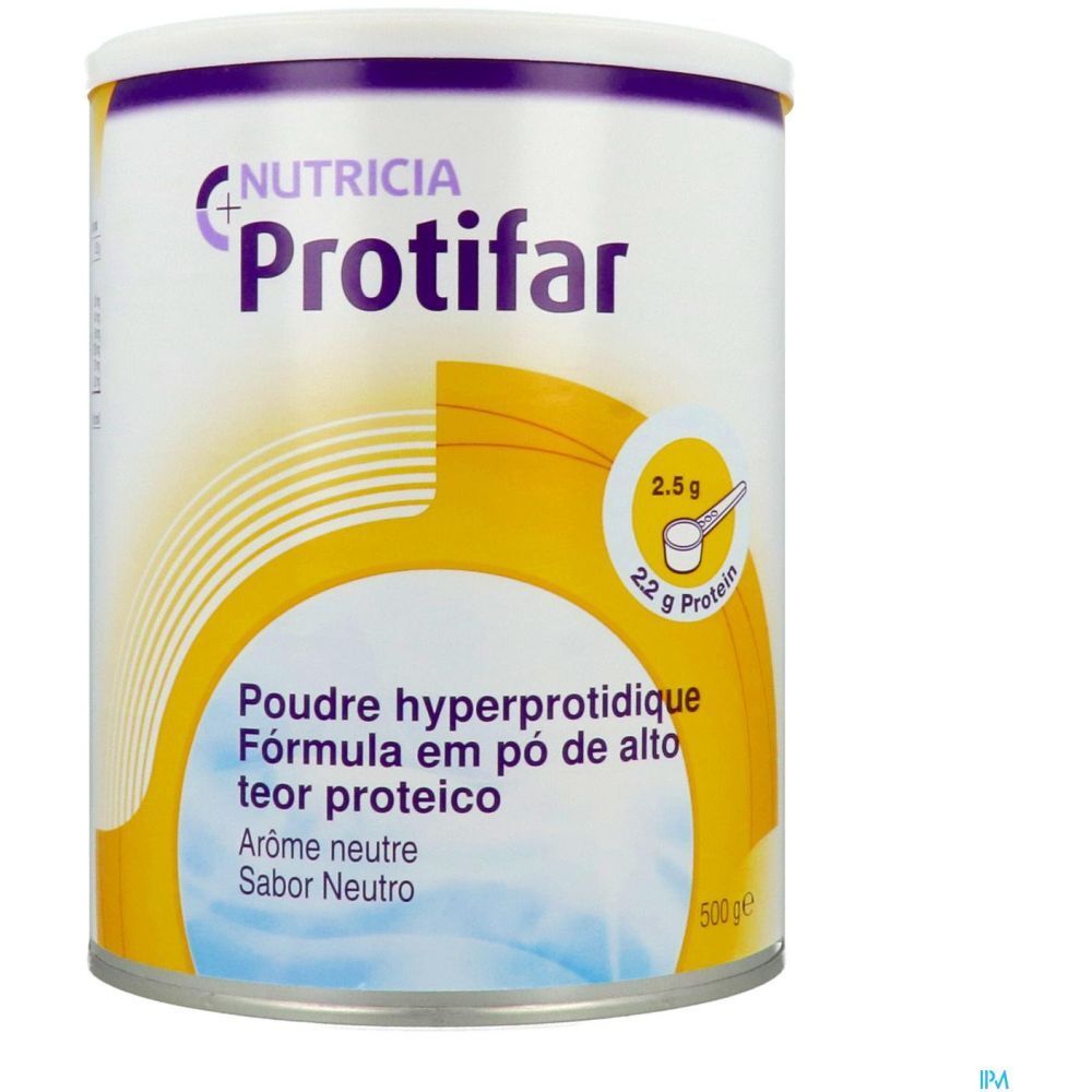 Boîte blanche et jaune "Nutricia Protifar". Inscription: Poudre hyperprotéidique, 500g. Contient 22g de protéines. Graphique jaune.