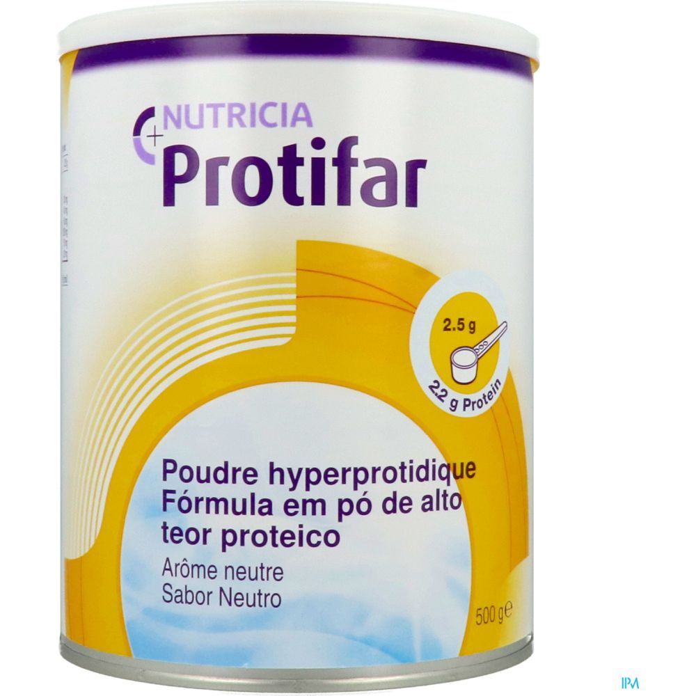 Boîte blanche et jaune "Nutricia Protifar". Inscription: Poudre hyperprotéidique, 500g. Contient 22g de protéines. Graphique jaune.