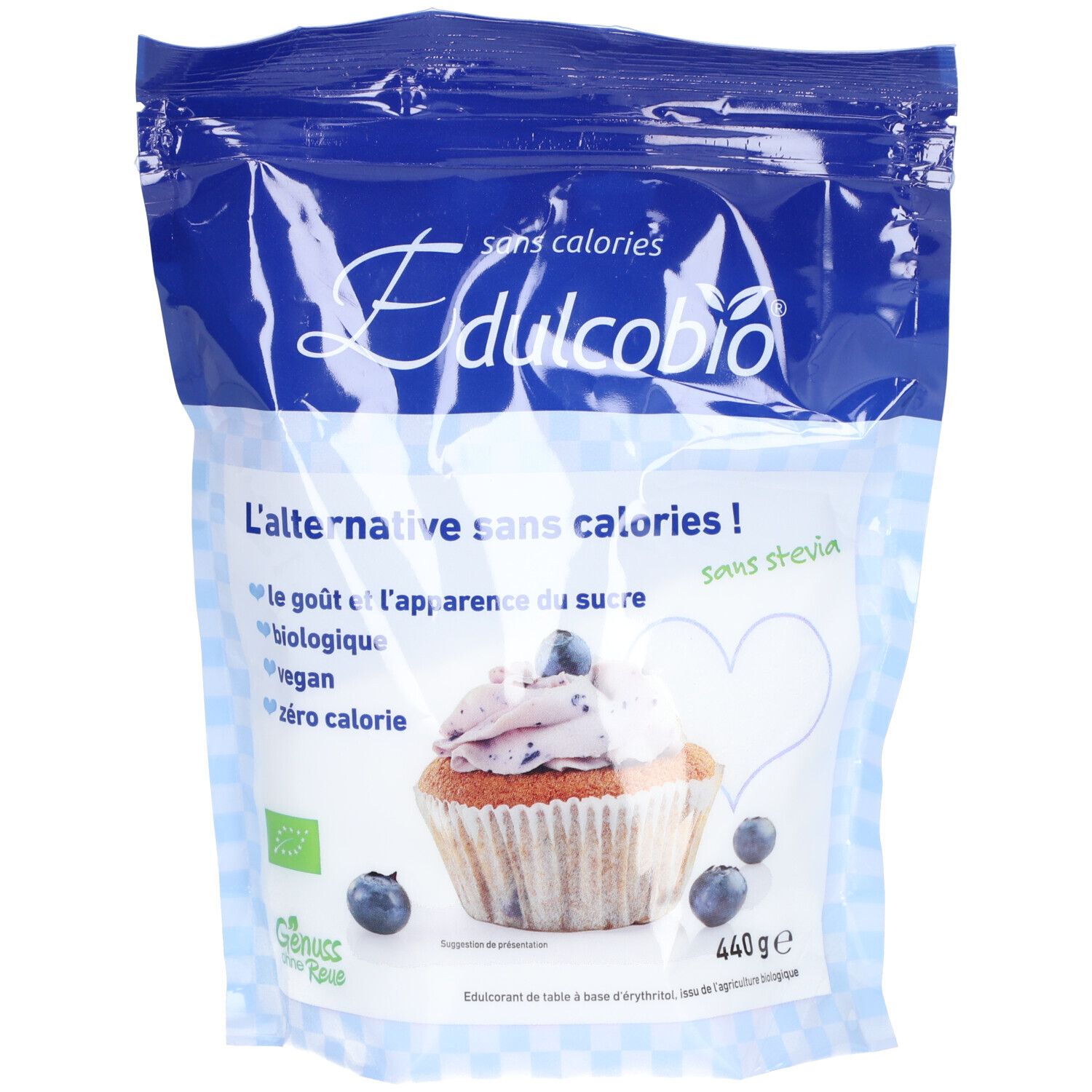 Sachet bleu "Edulcobio". Texte: "L'alternative sans calories!". Illustration: cupcake aux myrtilles. Label bio.