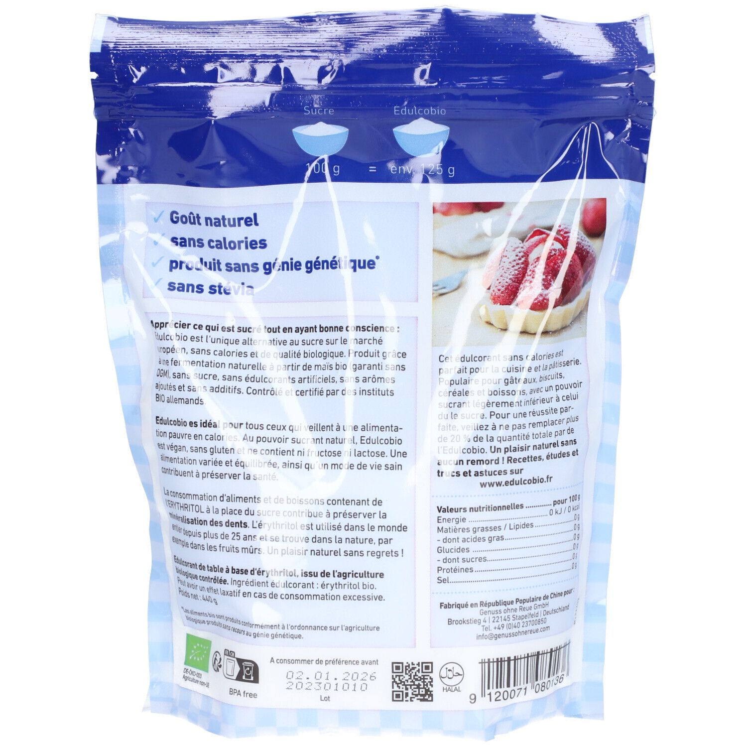 Dos du sachet bleu. Texte: "Goût naturel sans calories". Texte et informations nutritionnelles. Label bio.