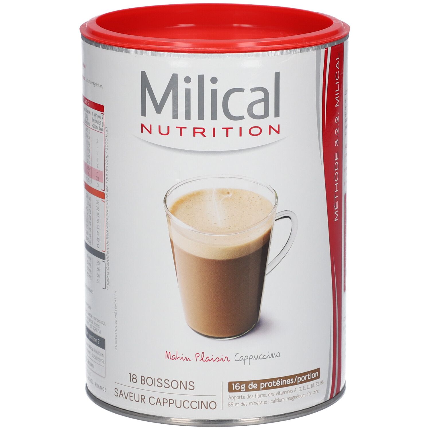 Boisson hyperprotéinée Milical, saveur Cappuccino. Contient 18 boissons. Visuel d'un cappuccino dans un verre. 16g de protéines par portion.
