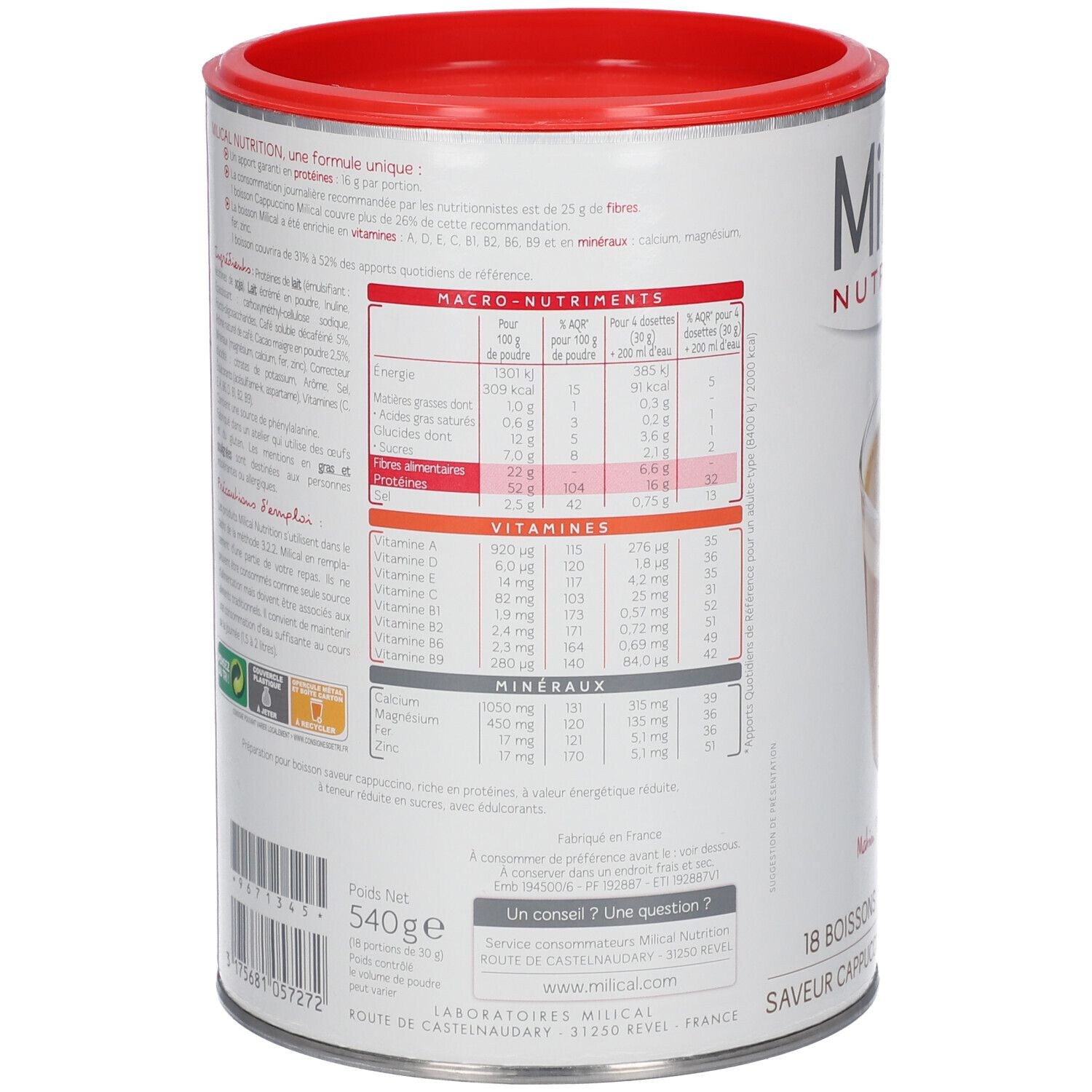 Dos du pot Milical. Informations nutritionnelles, vitamines, minéraux. Texte en français. Poids net: 540g.