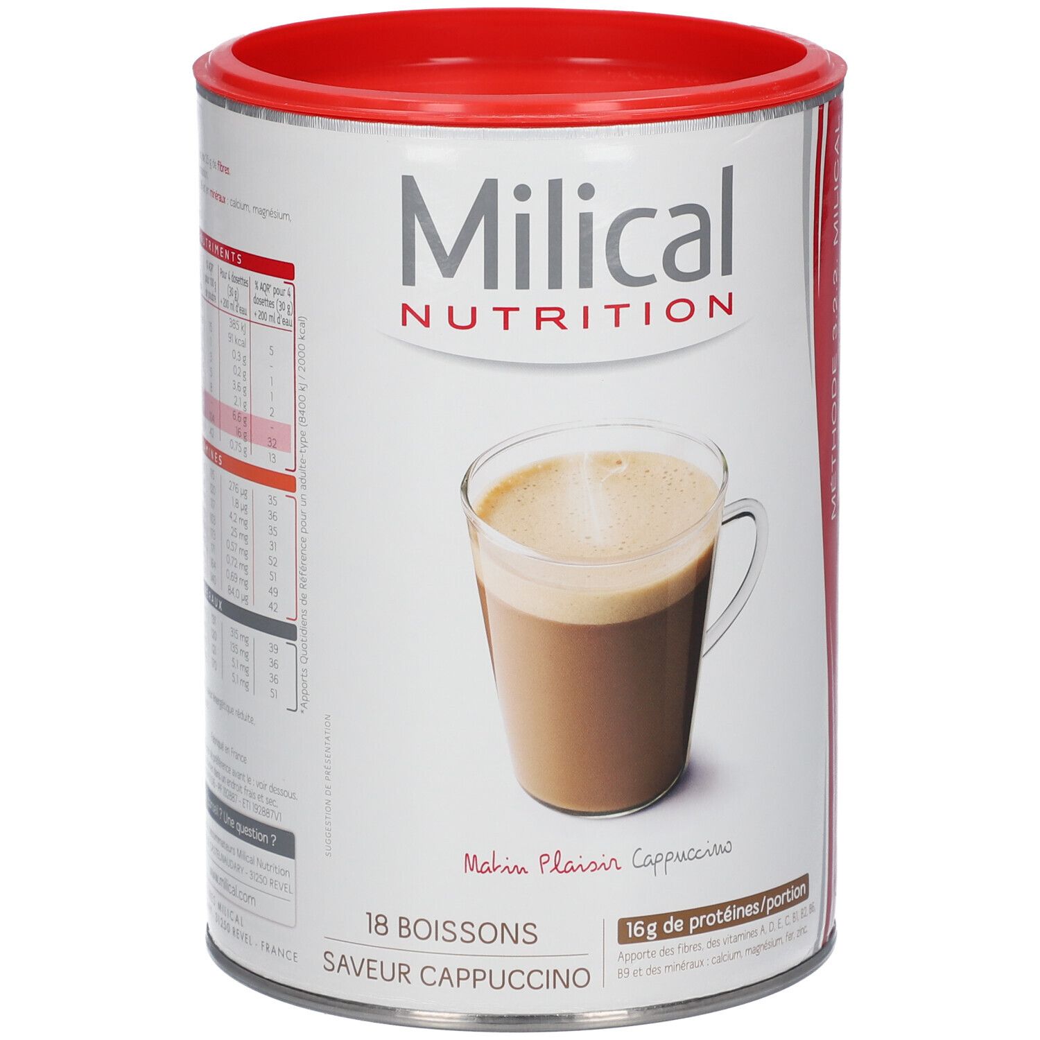 Boisson hyperprotéinée Milical, saveur Cappuccino. Contient 18 boissons. Visuel d'un cappuccino dans un verre. 16g de protéines par portion.