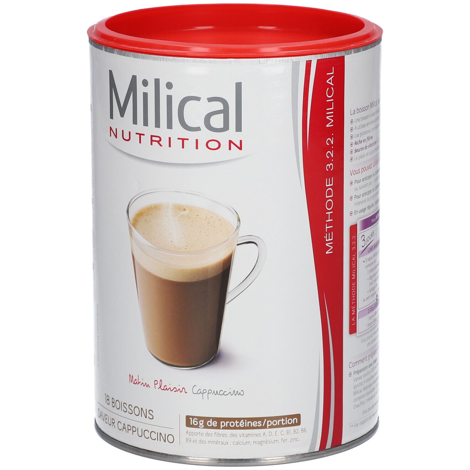 Boisson hyperprotéinée Milical, saveur Cappuccino. Contient 18 boissons. Visuel d'un cappuccino dans un verre. 16g de protéines par portion.