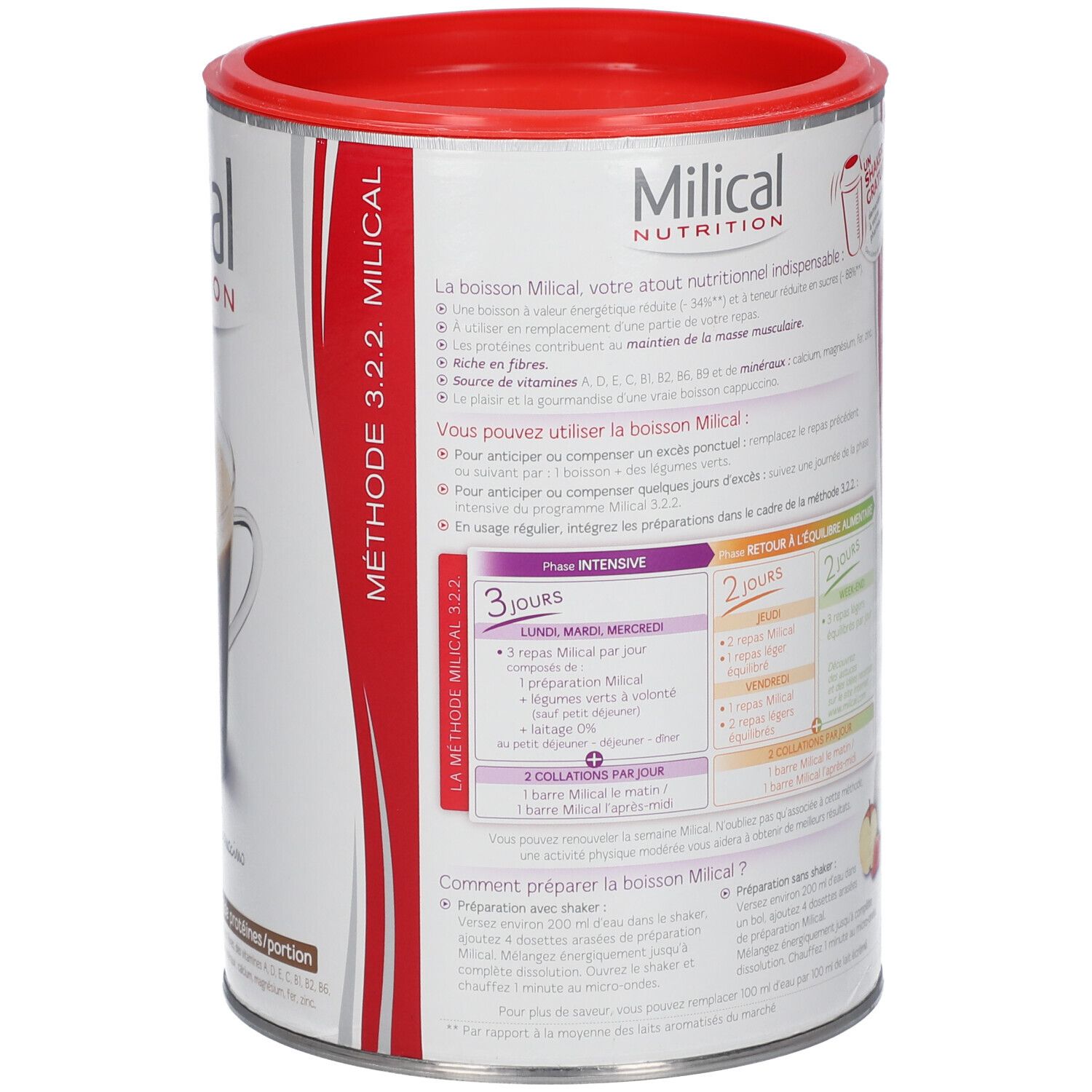 Dos du pot Milical. Informations d'utilisation et informations nutritionnelles. Texte en français.