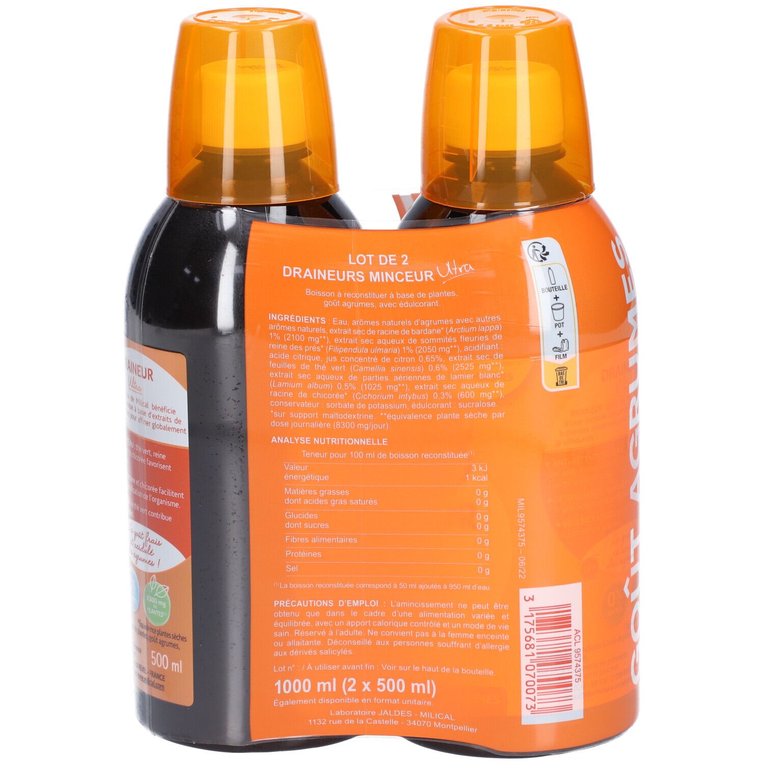 Dos de deux flacons MILICAL Draineur minceur Ultra agrumes. Emballage orange avec ingrédients et informations nutritionnelles.