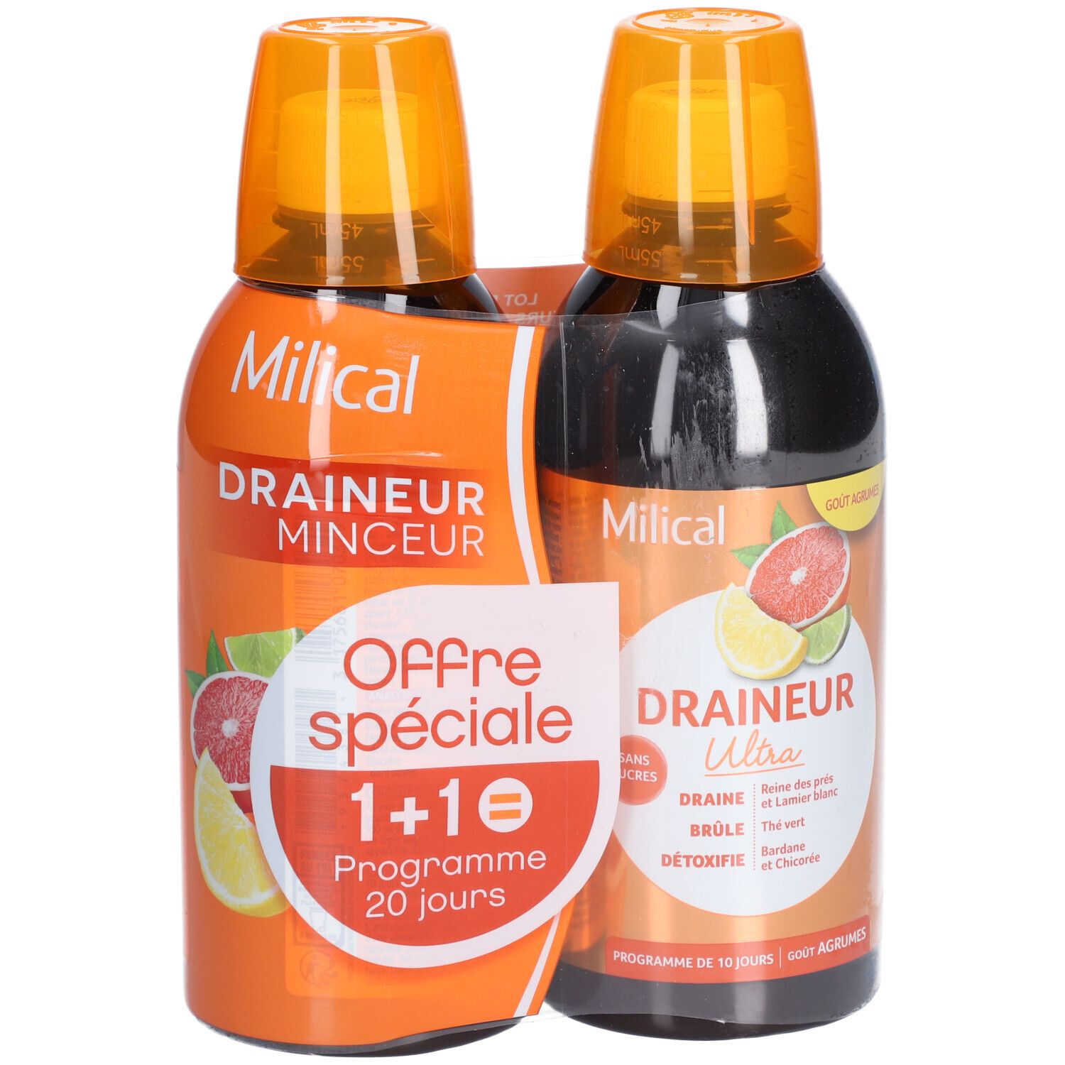 Deux flacons MILICAL Draineur minceur Ultra agrumes. Emballage orange avec nom du produit et illustrations de fruits. Offre spéciale 1+1.
