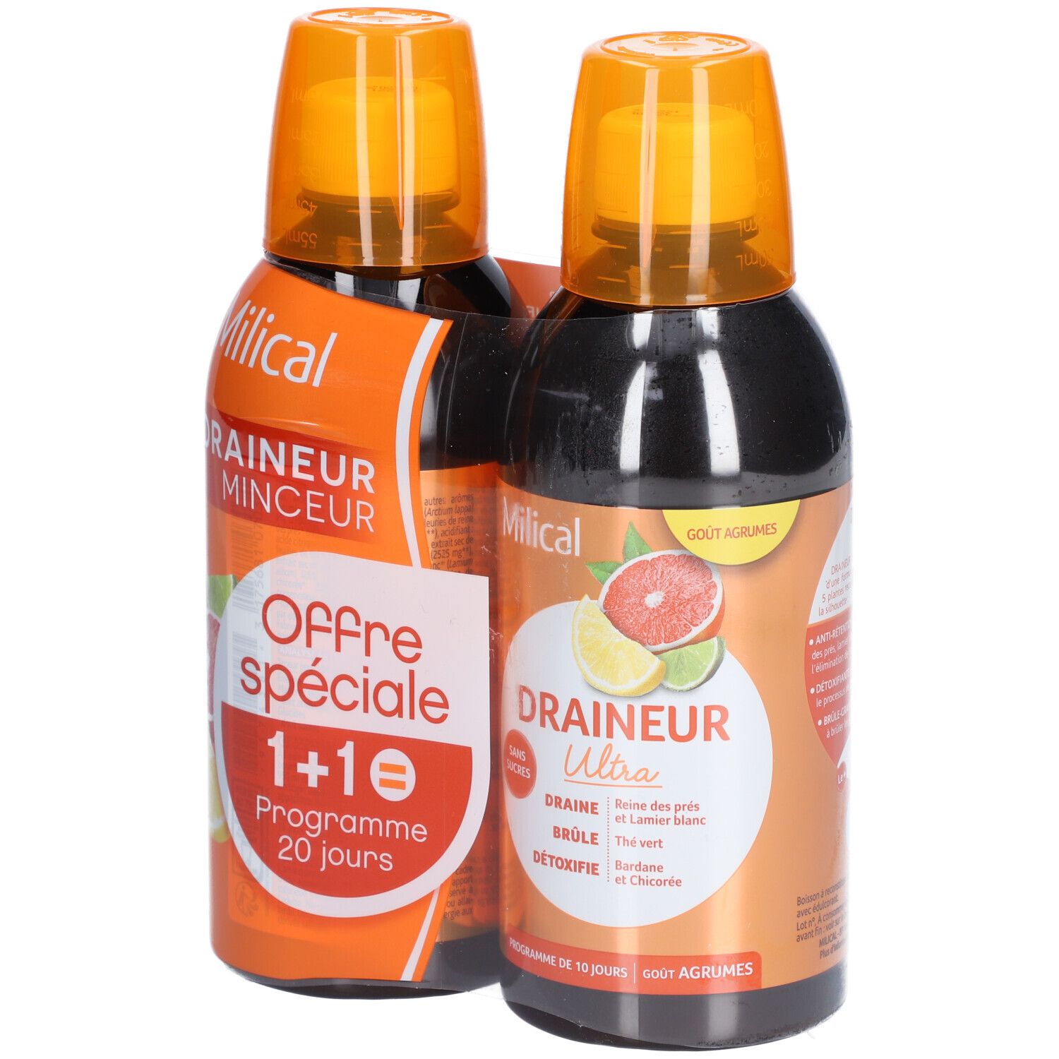 Deux flacons MILICAL Draineur minceur Ultra agrumes. Emballage orange avec nom du produit et illustrations de fruits. Offre spéciale 1+1.