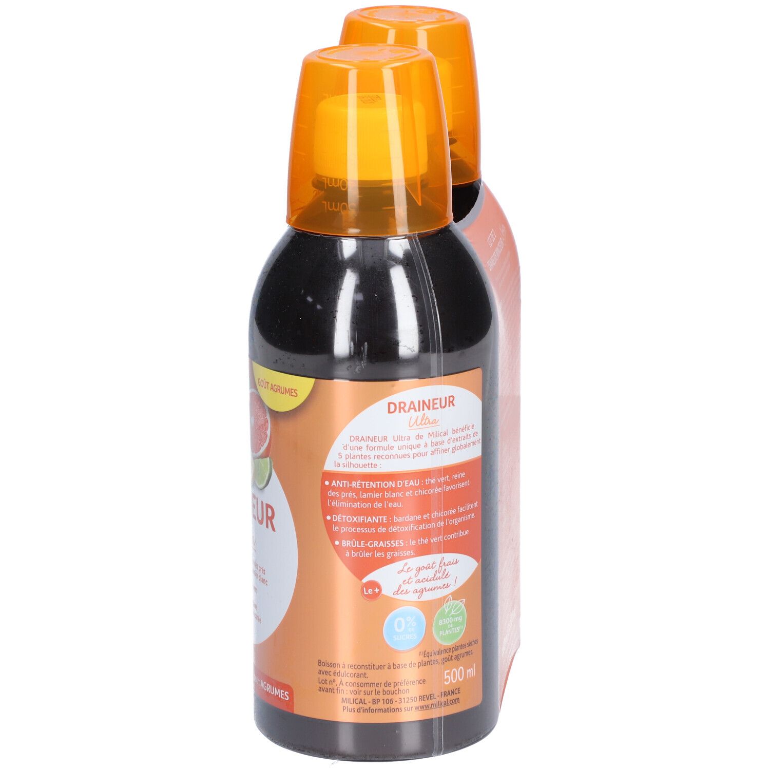 Dos de deux flacons MILICAL Draineur minceur Ultra agrumes. Emballage orange avec informations produit et illustrations de fruits.