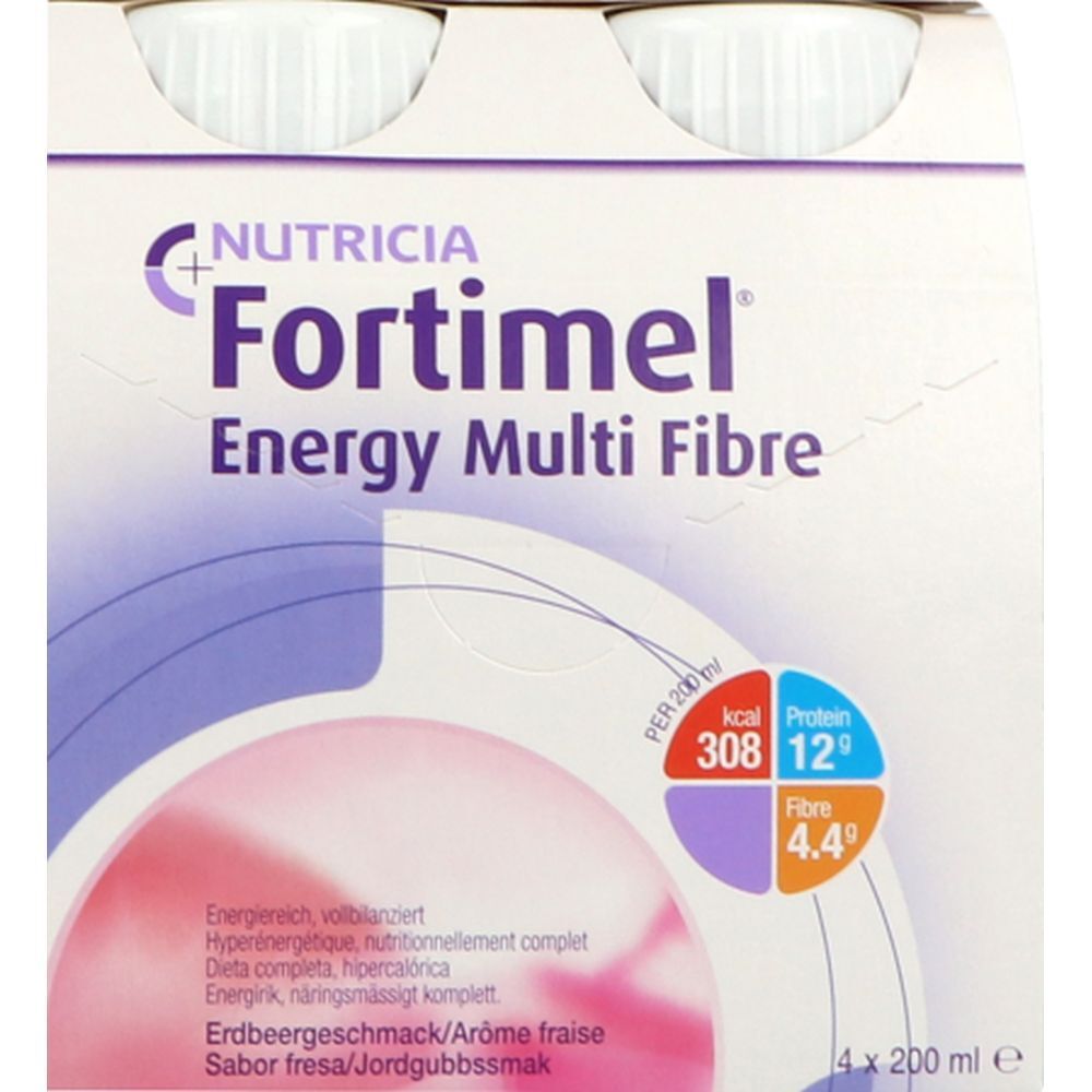Emballage de quatre bouteilles Fortimel Energy Multi Fibre. Inscriptions: Nutricia, goût fraise, informations nutritionnelles.