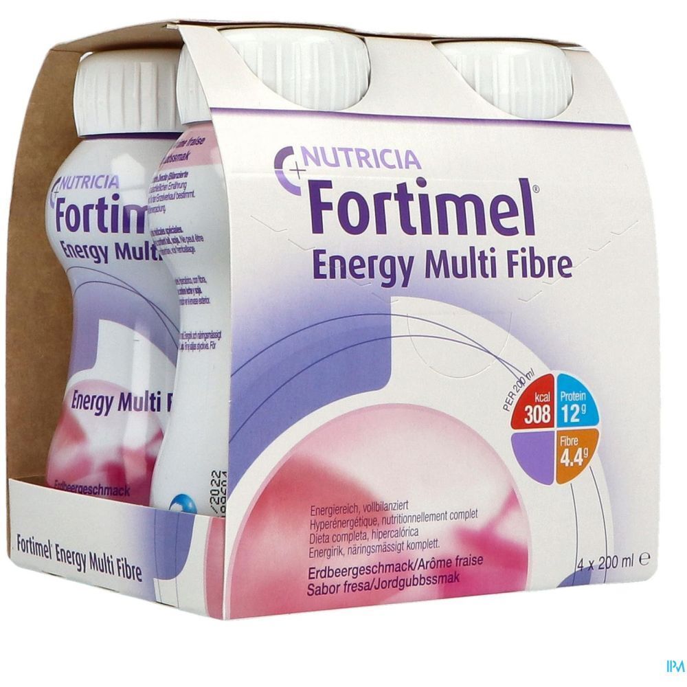 Emballage de quatre bouteilles Fortimel Energy Multi Fibre. Bouteilles à bouchon blanc, liquide rose. Inscriptions: Nutricia, goût fraise.