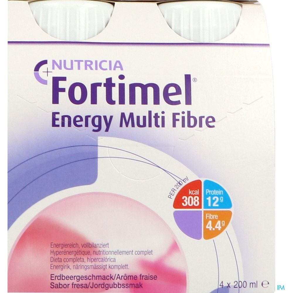 Emballage de quatre bouteilles Fortimel Energy Multi Fibre. Inscriptions: Nutricia, goût fraise, informations nutritionnelles. Bouteilles à bouchon blanc.