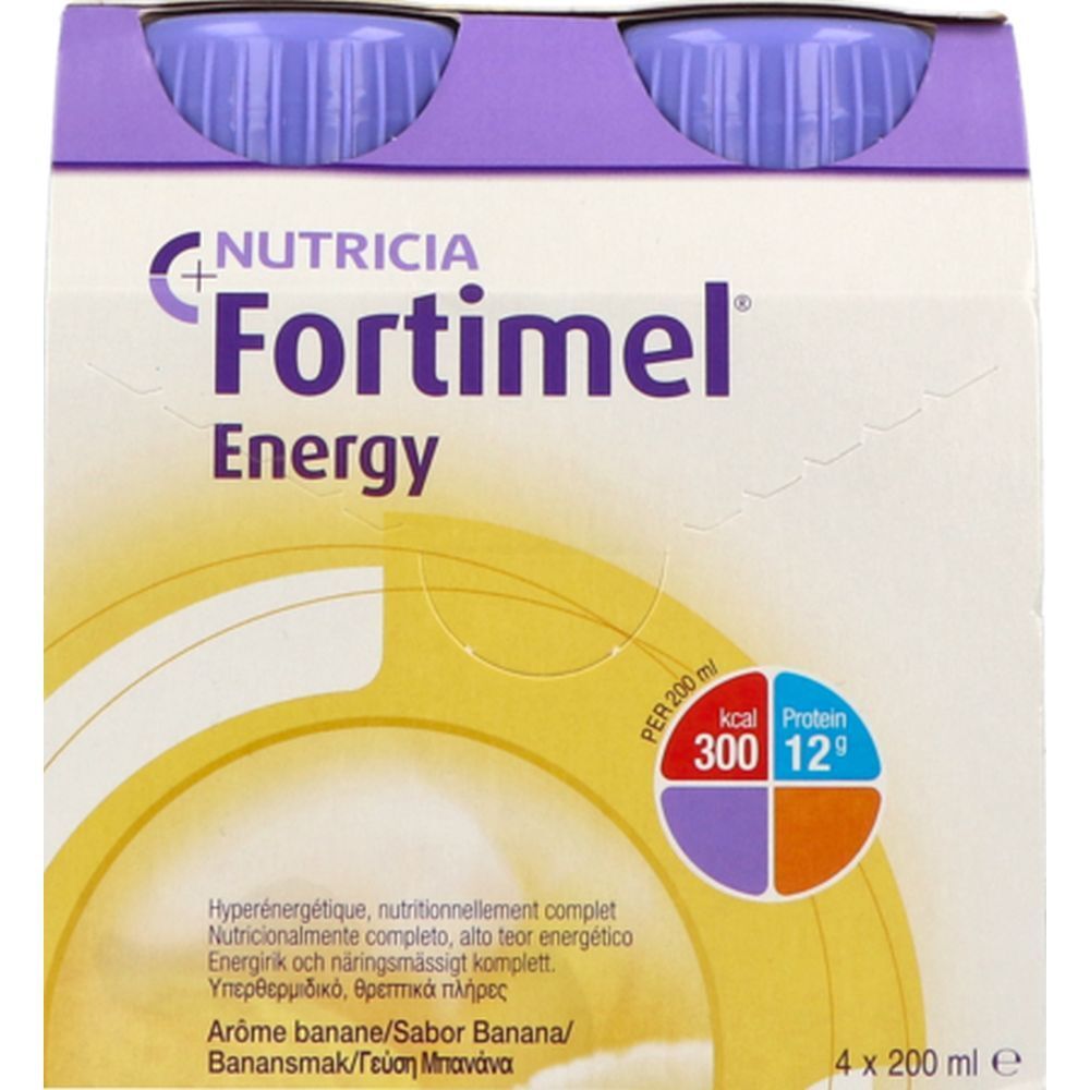 Emballage de quatre bouteilles Fortimel Energy Banane. Inscription : Nutricia, Energy, 300 kcal, 12g protéines.