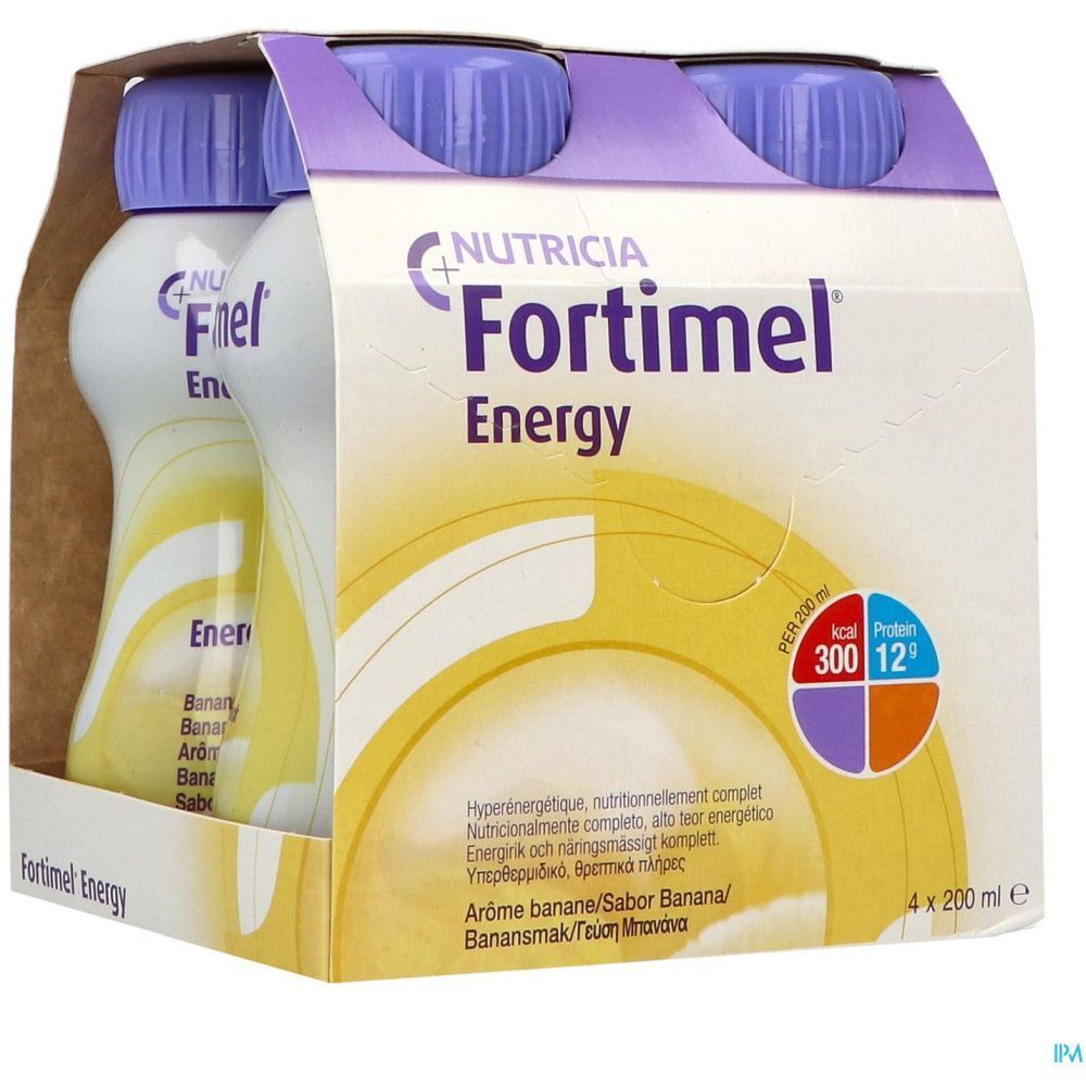 Emballage avec trois bouteilles Fortimel Energy Banane. Inscription : Nutricia, Energy, 300 kcal, 12g protéines.