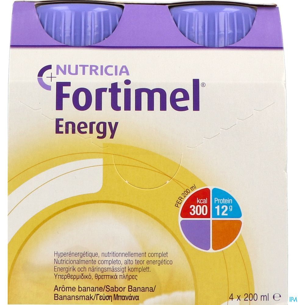 Emballage de quatre bouteilles Fortimel Energy Banane. Inscription : Nutricia, Energy, 300 kcal, 12g protéines.