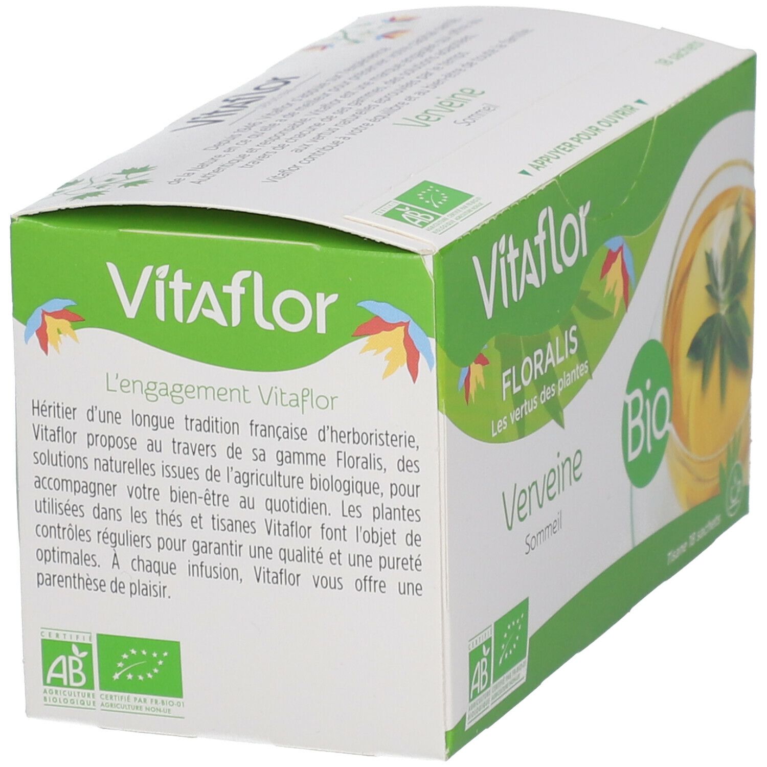 Vitaflor Bio Kräutertee Eisenkraut-Verpackung. Schachtel mit Produktinformationen, Bio-Siegel und Text.