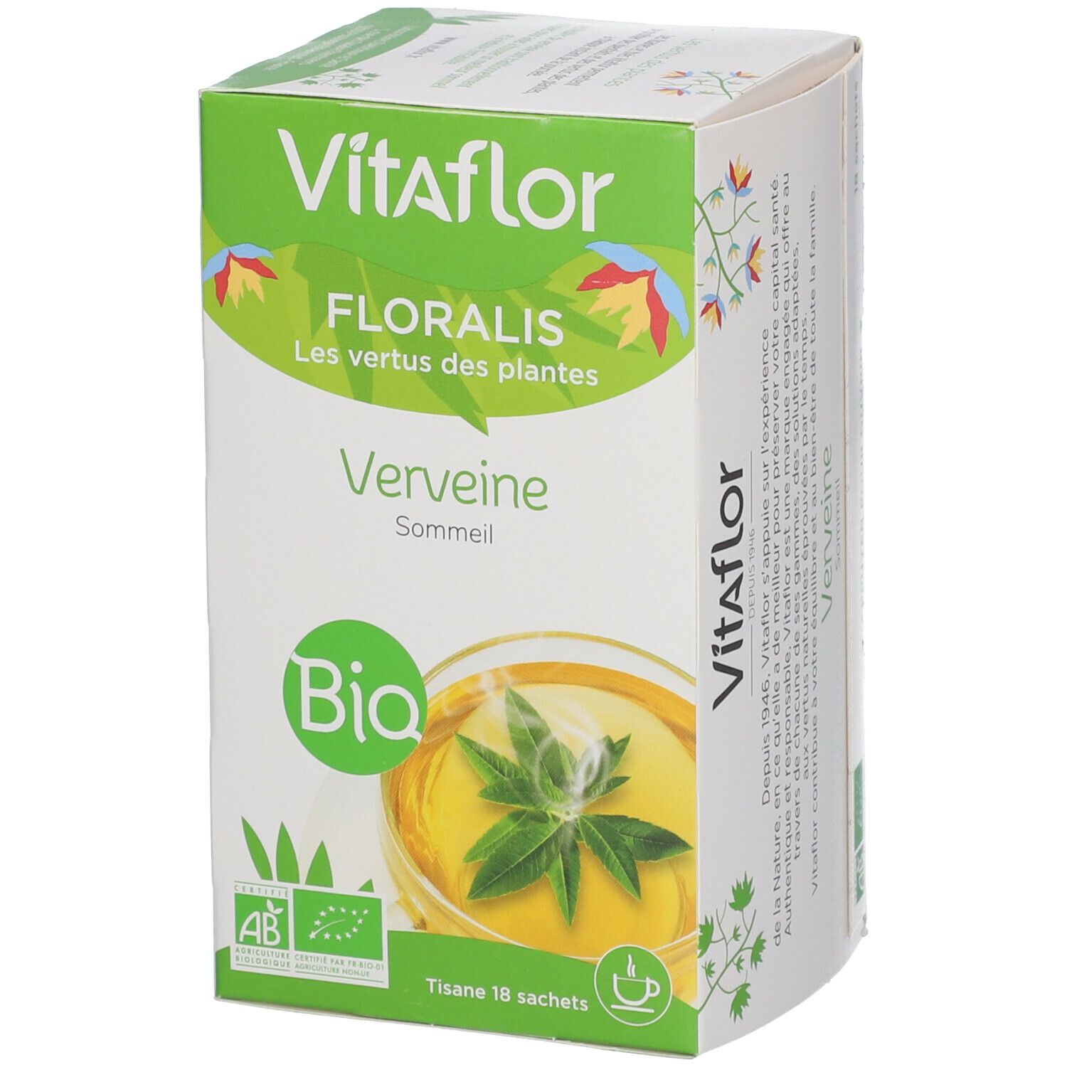 Vitaflor Bio Kräutertee Eisenkraut-Verpackung. Grün-weiße Schachtel mit Produktnamen, Bio-Siegel und Text.
