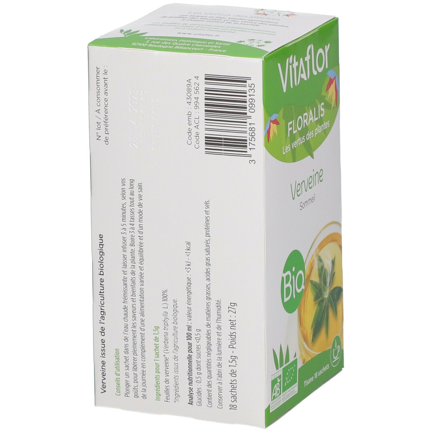 Vitaflor Bio Kräutertee Eisenkraut-Verpackung. Rückseite der Schachtel mit Produktinformationen und Bio-Siegel.