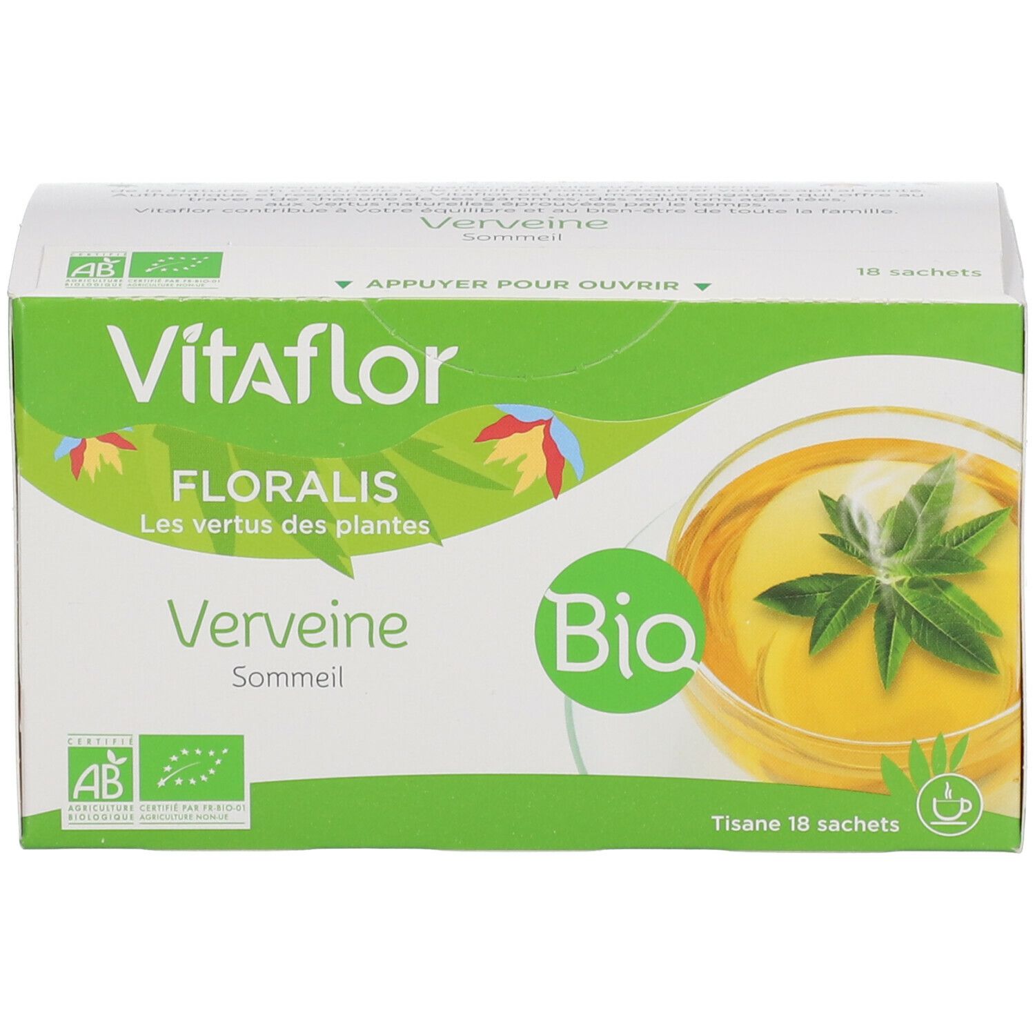 Vitaflor Bio Kräutertee Eisenkraut-Verpackung. Grün-weiße Schachtel mit Produktnamen, Bio-Siegel und Abbildung von Tee.
