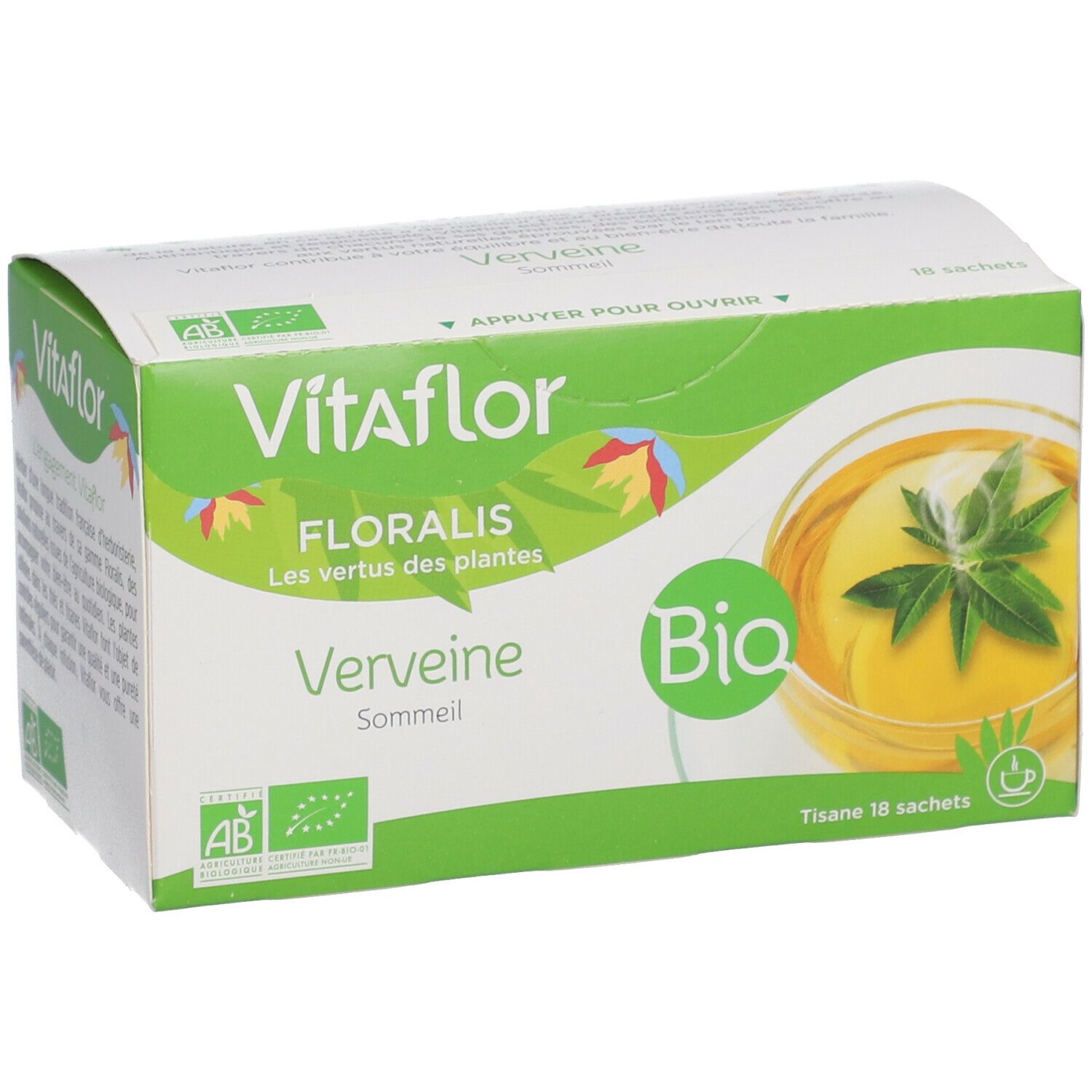 Vitaflor Bio Kräutertee Eisenkraut-Verpackung. Grün-weiße Schachtel mit Produktnamen, Bio-Siegel und Abbildung von Tee.