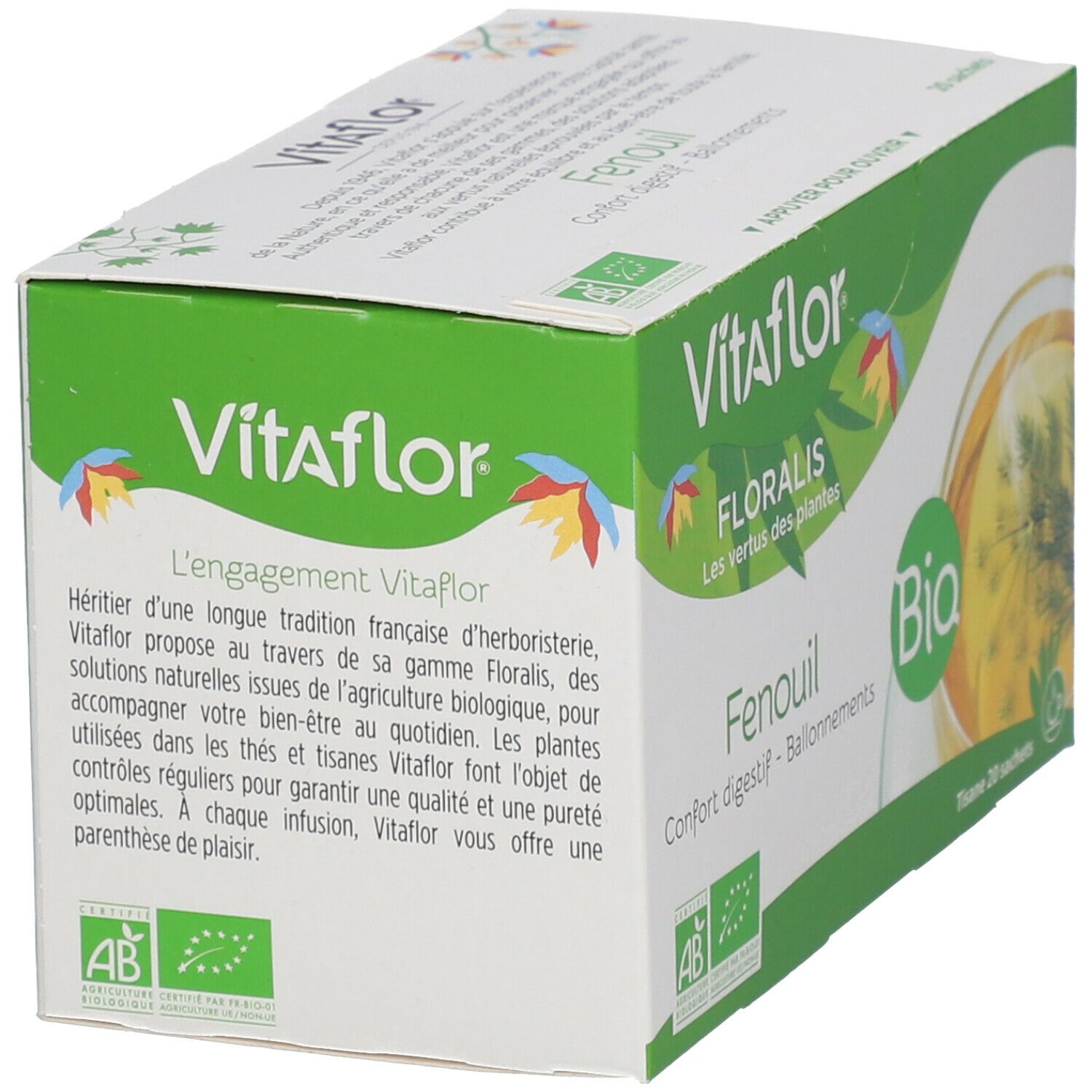 Boîte de thé Vitaflor Bio Fenchel. Vert et blanc, logo, texte et label bio. 20 sachets.