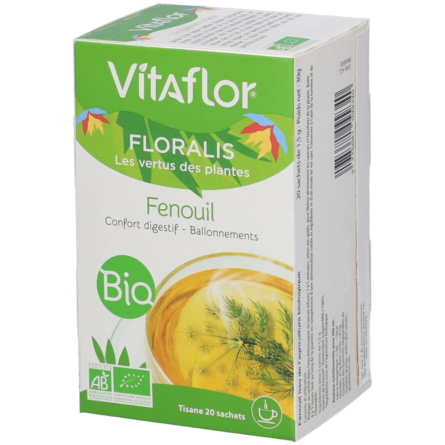 Boîte de thé Vitaflor Bio Fenchel. Vert et blanc, logo, texte et label bio. 20 sachets.