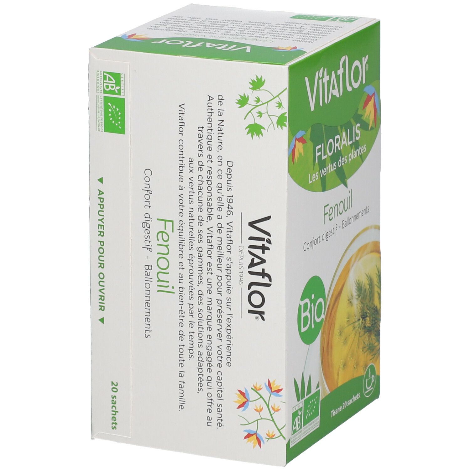 Boîte de thé Vitaflor Bio Fenchel. Vert et blanc, logo, texte et label bio. 20 sachets.