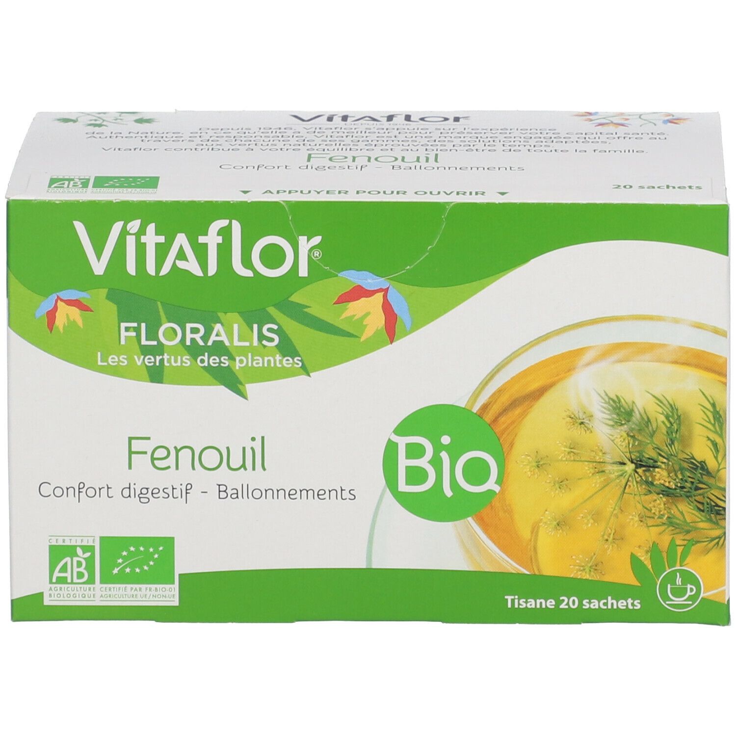 Boîte de thé Vitaflor Bio Fenchel. Vert et blanc, logo, texte et label bio. 20 sachets.