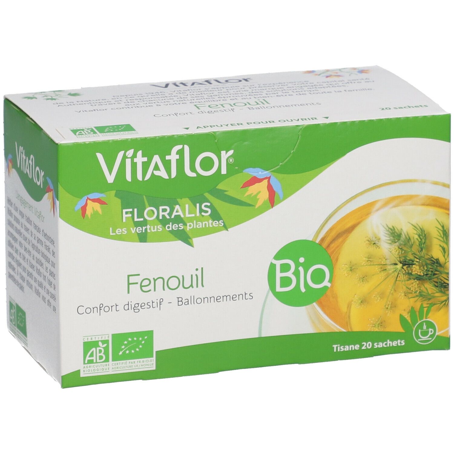 Boîte de thé Vitaflor Bio Fenchel. Vert et blanc, logo, texte et label bio. 20 sachets.