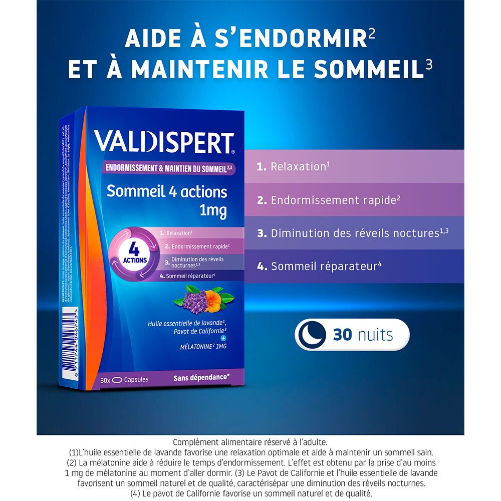 Texte avec informations produit. Valdispert Melatonine 4 Actions 1mg. 30 nuits. Emballage bleu.