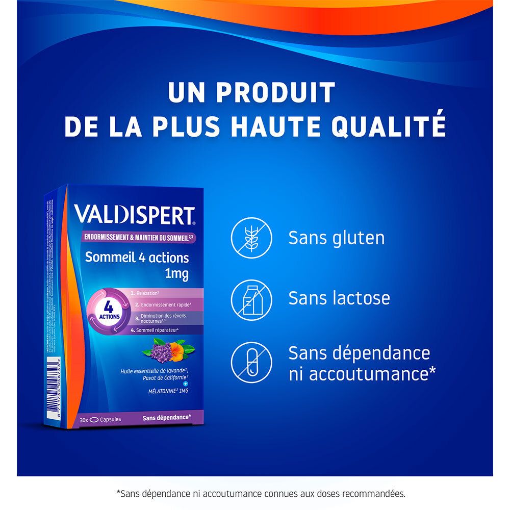 Informations produit. Valdispert Melatonine 4 Actions 1mg. Sans gluten, sans lactose, sans dépendance.