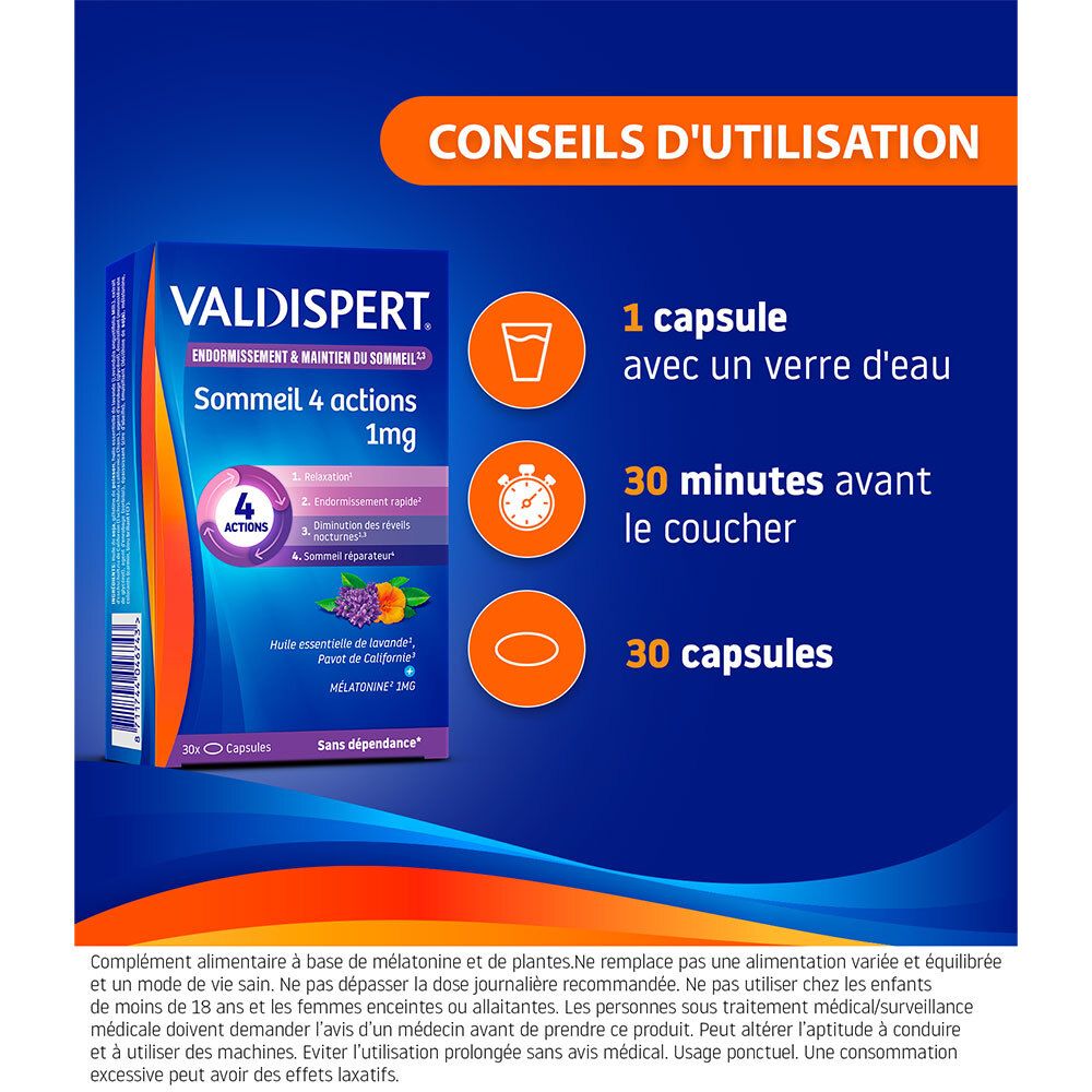 Conseils d'utilisation. 1 capsule avec de l'eau, 30 minutes avant le coucher. 30 capsules.