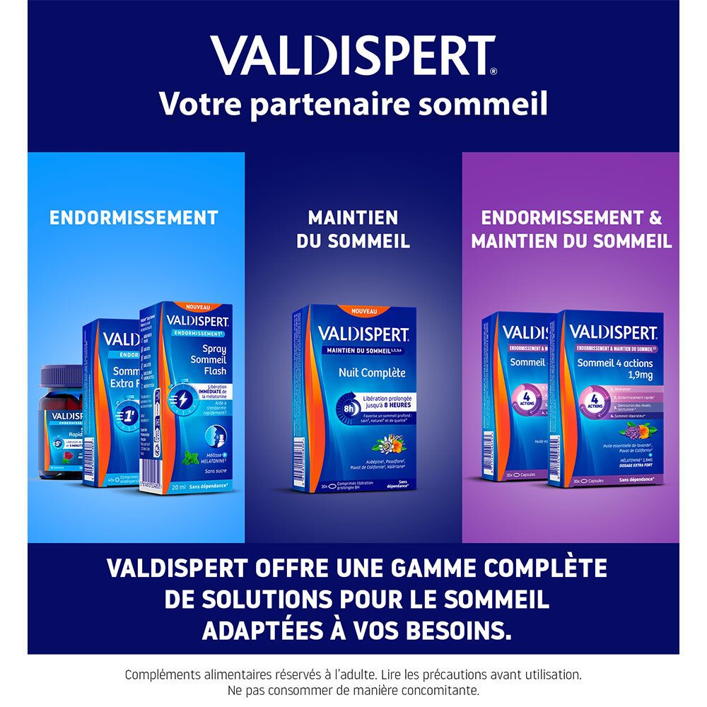 Gamme de produits Valdispert. Différents emballages. Texte : Solutions pour le sommeil.