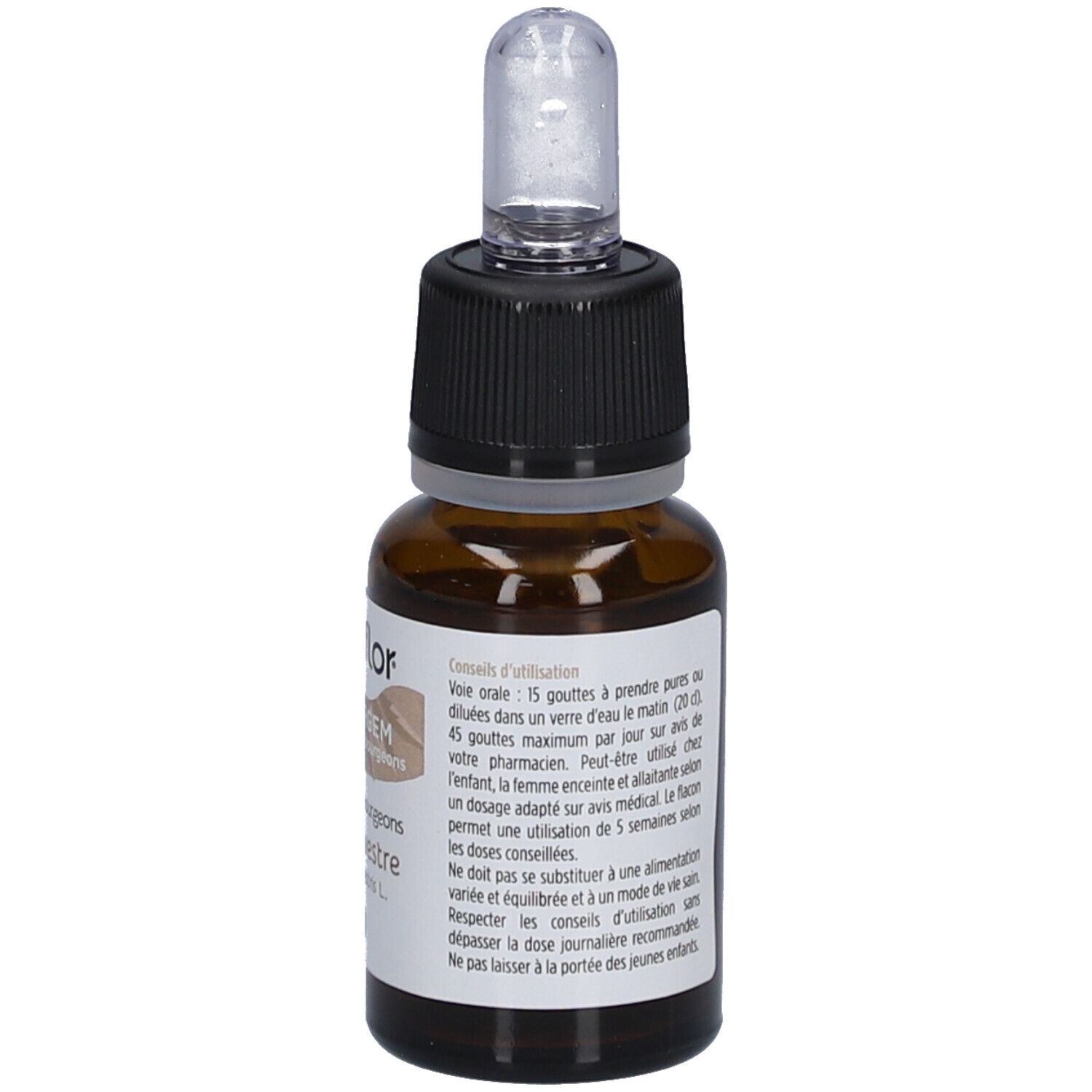 Dos du flacon en verre brun. Étiquette avec conseils d'utilisation et recommandations de dosage.