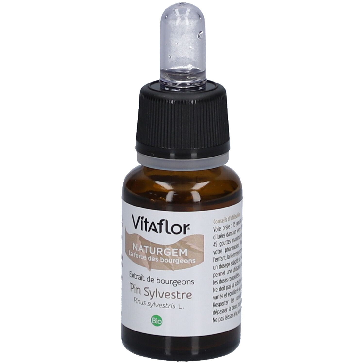 Flacon en verre brun avec bouchon noir et pipette. Étiquette avec nom du produit et label bio.