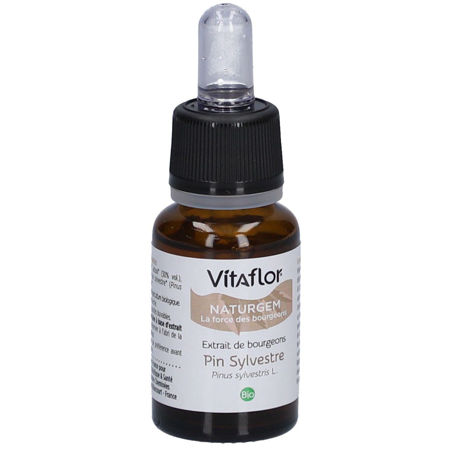 Flacon en verre brun avec bouchon noir et pipette. Étiquette avec nom du produit et label bio.