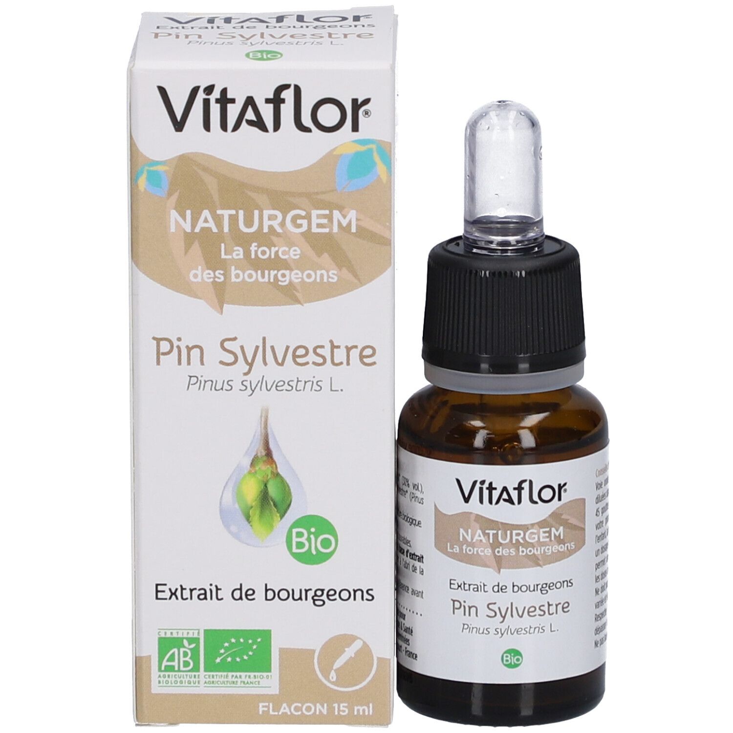 Flacon du produit avec emballage. Flacon avec pipette, à côté boîte avec nom du produit et label bio.