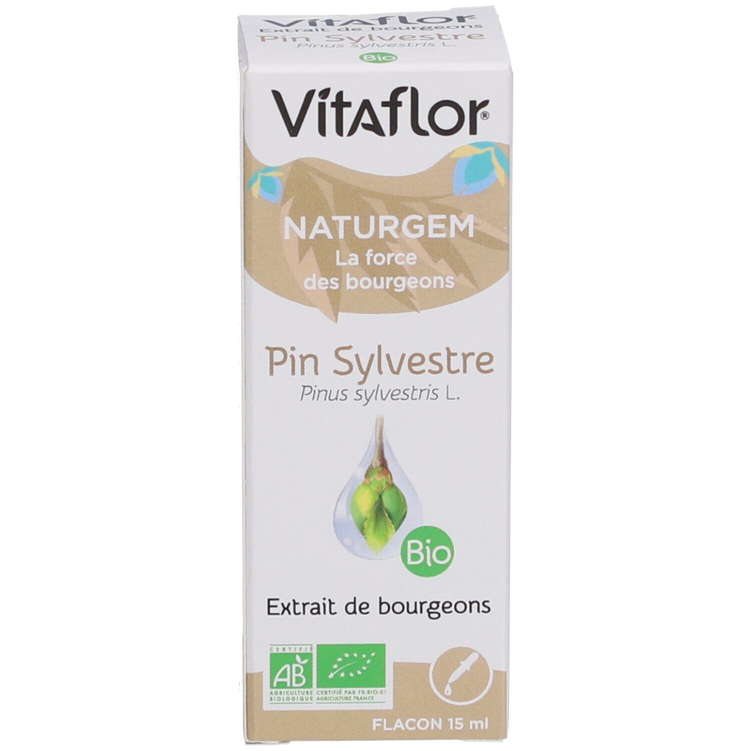 Emballage blanc avec nom du produit, label bio et description. Flacon 15 ml.